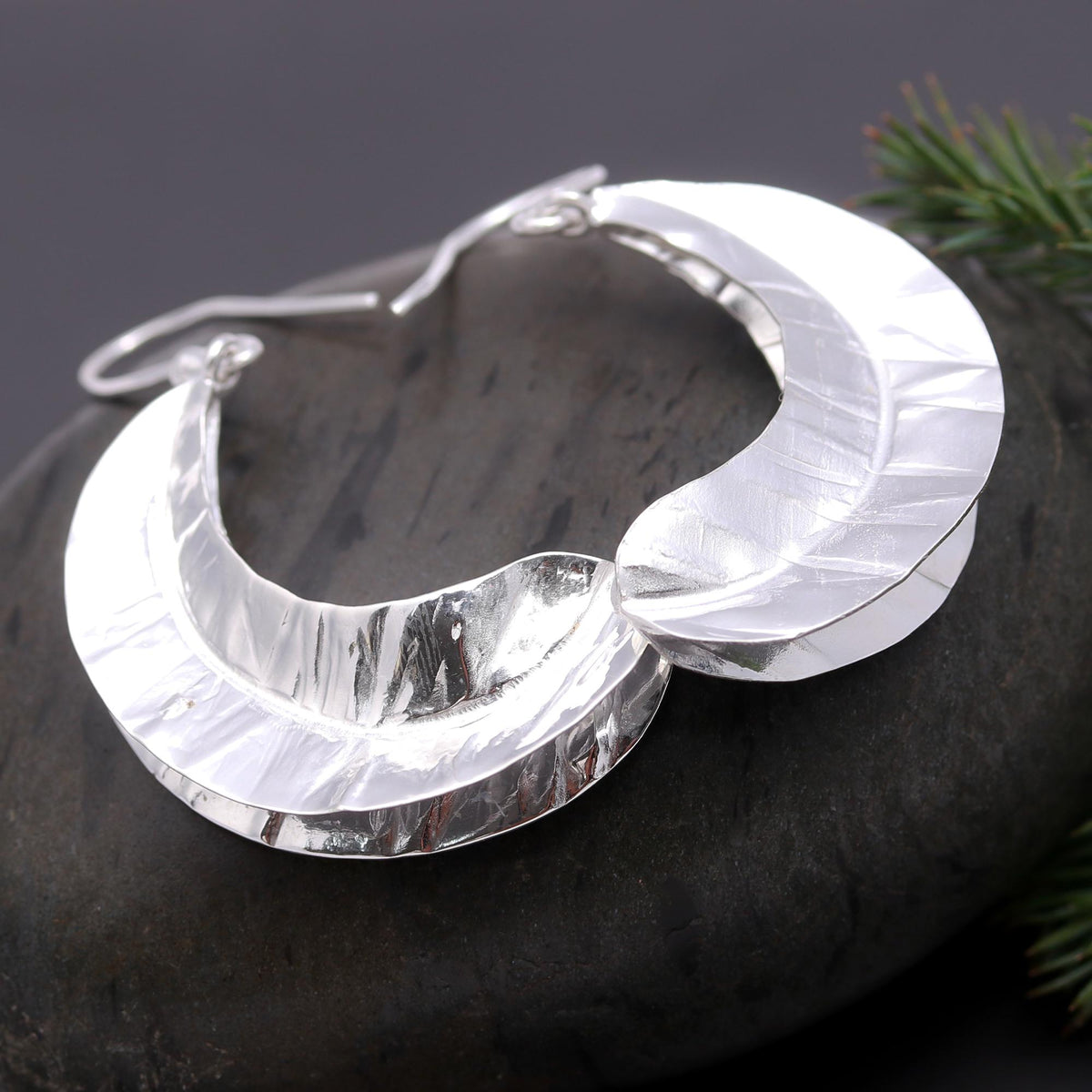 925 Silver Hammered Crescent Moon Dangle Earrings