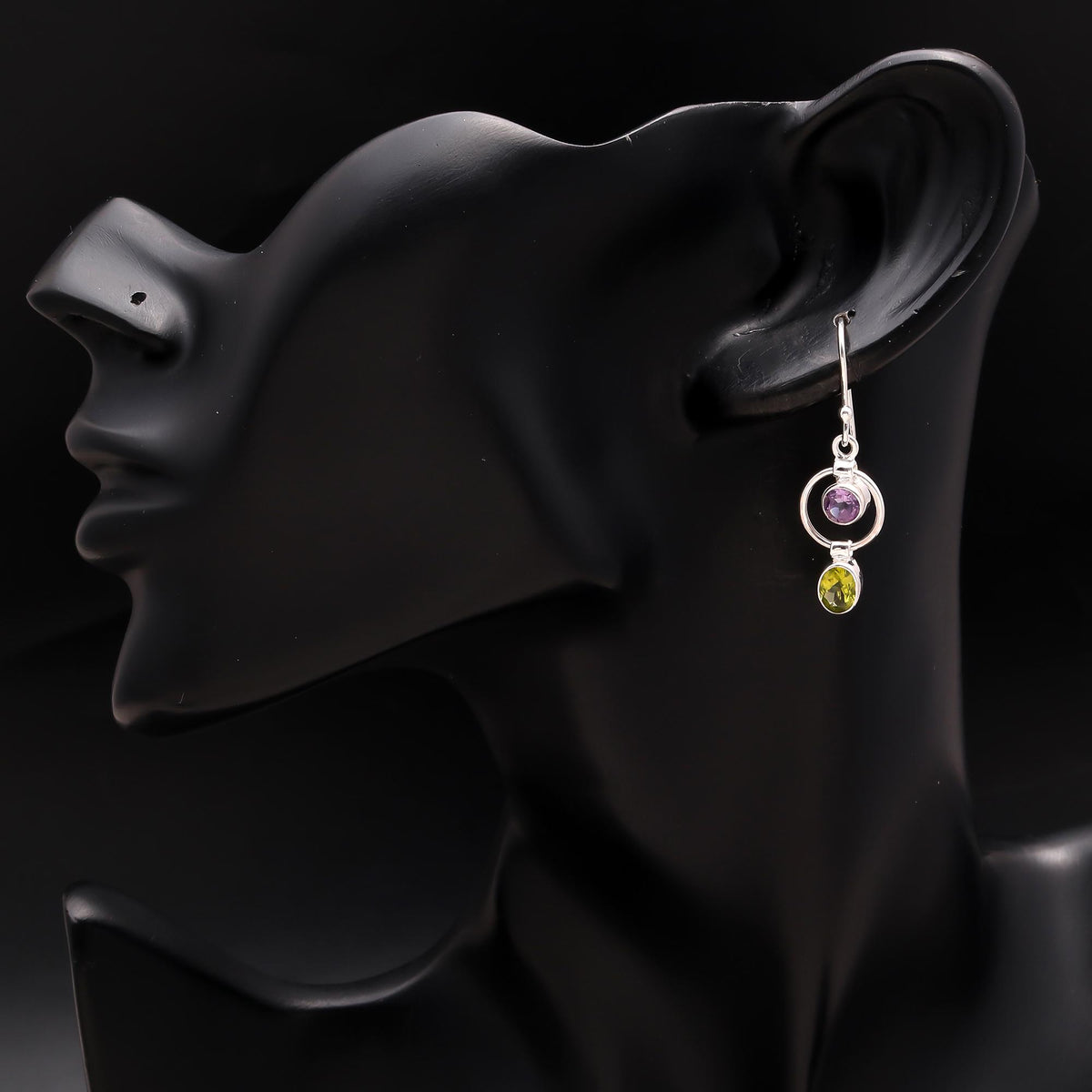 925 Silver Amethyst and Peridot Circle Dangle Earrings