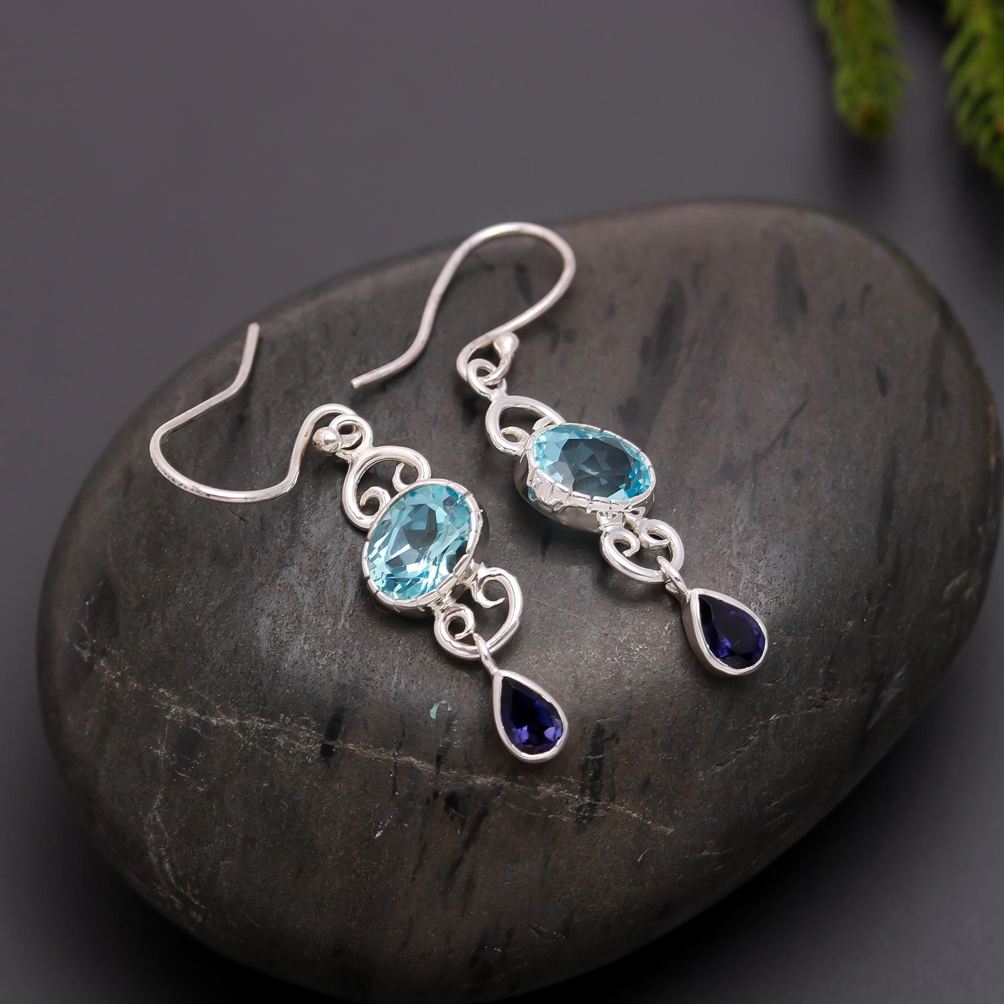 925 Silver Blue Topaz and Iolite Dangle Earrings