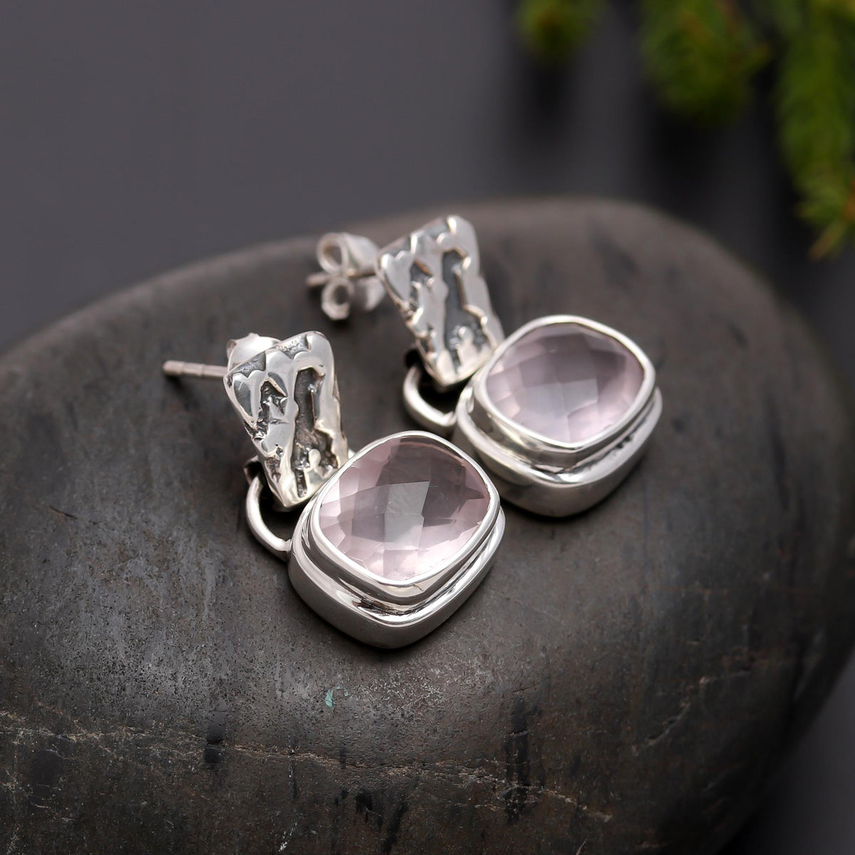 925 Silver Textured Top Rose Quartz Drop Earrings