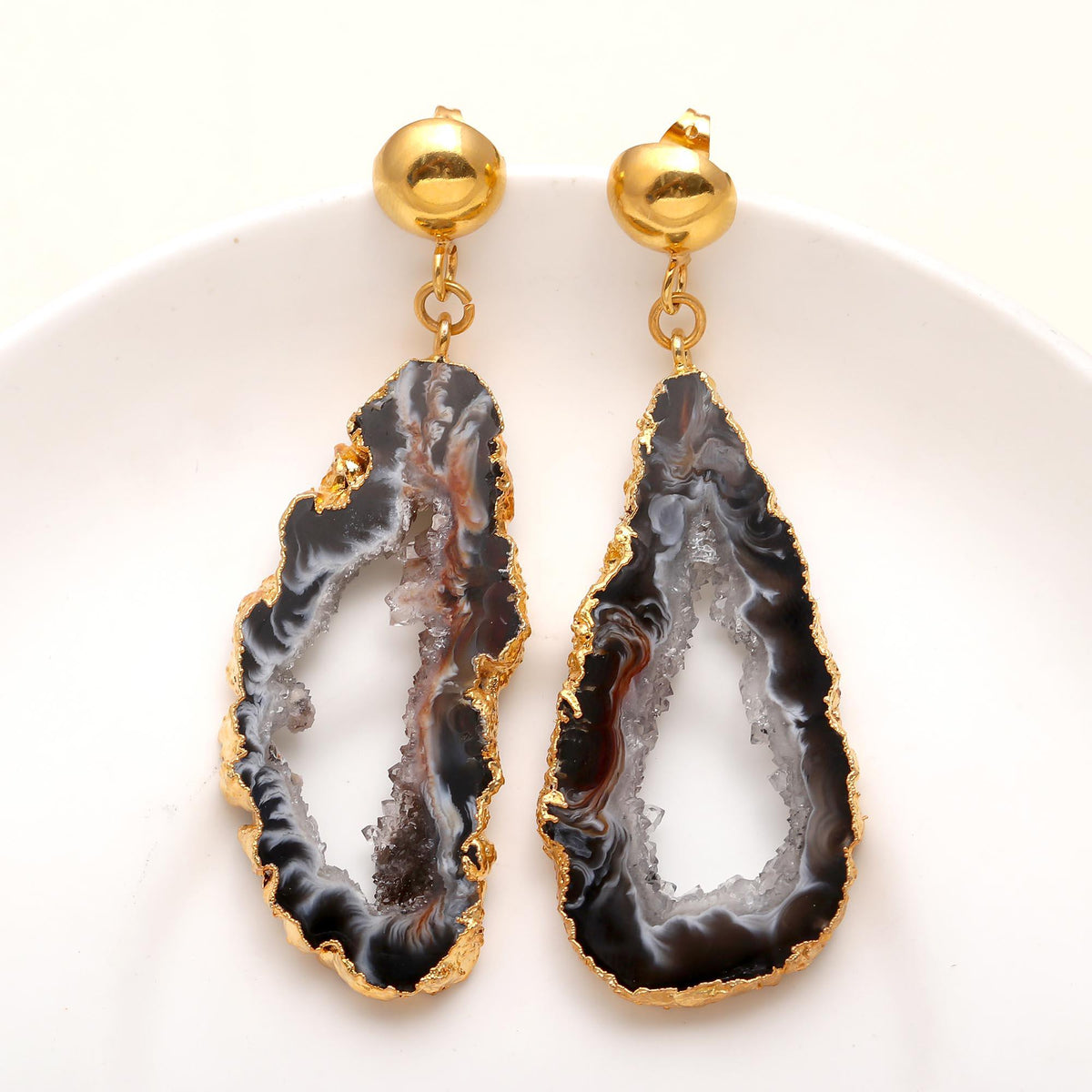 The Midnight Geode: Agate Slice Gold Earrings