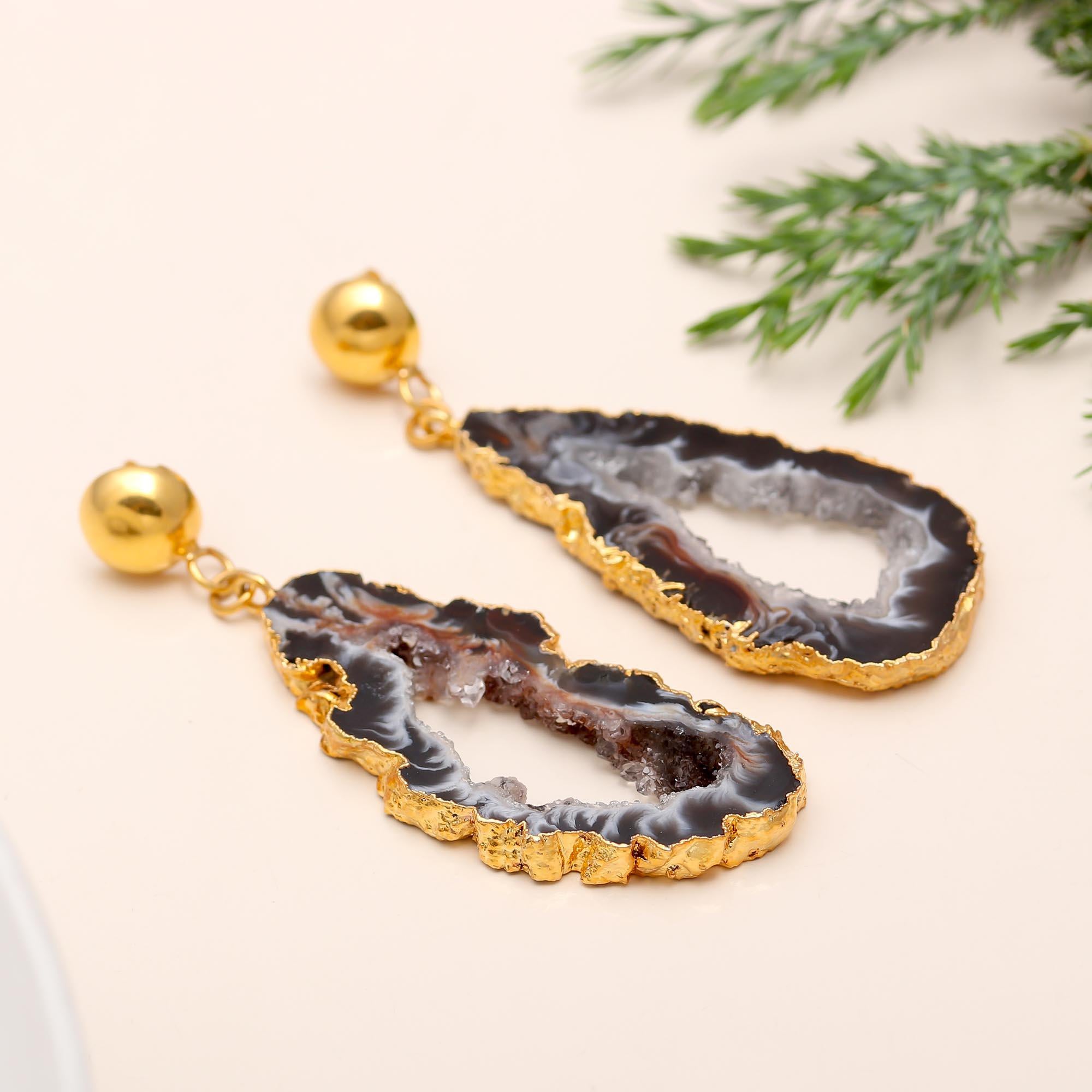 The Midnight Geode: Agate Slice Gold Earrings