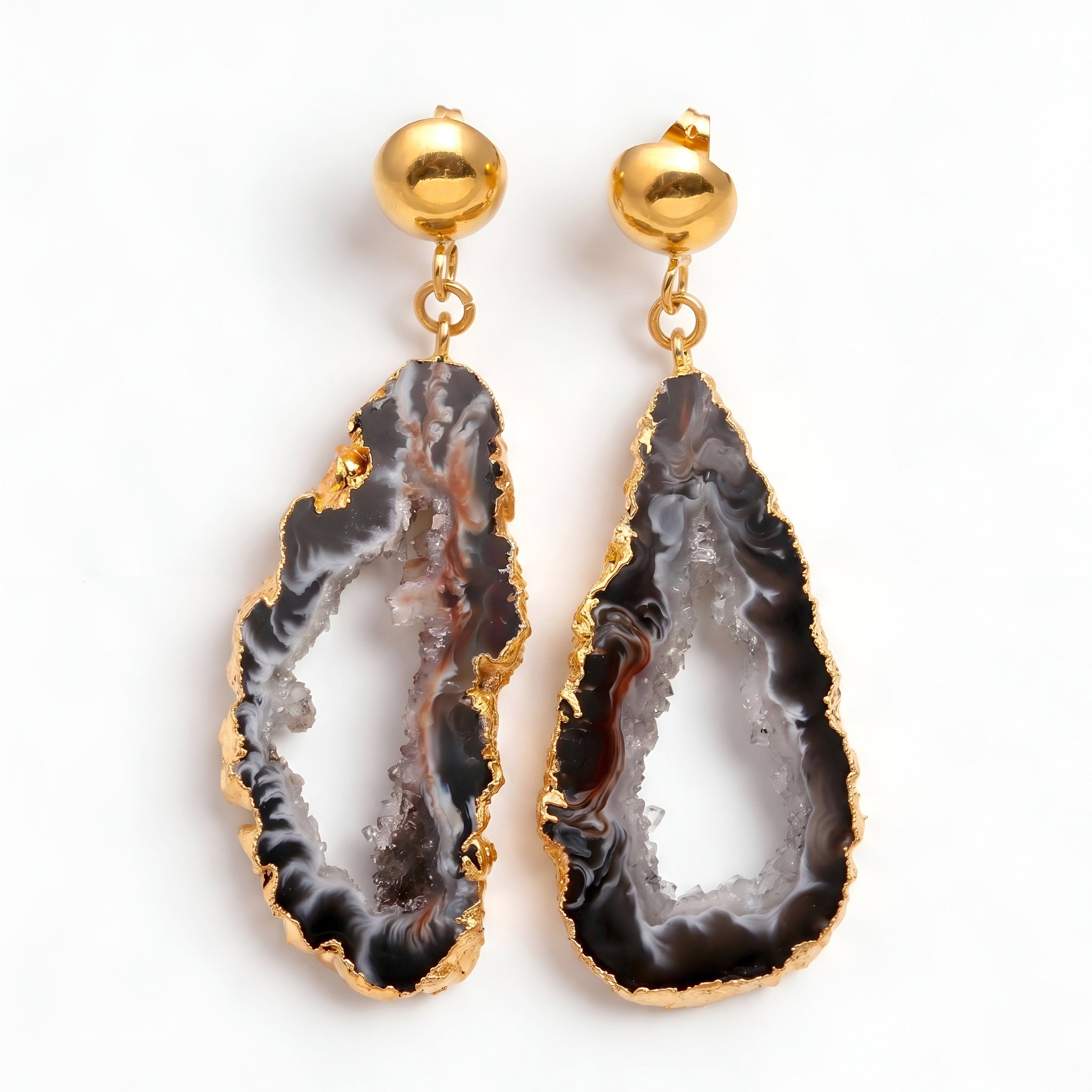 The Midnight Geode: Agate Slice Gold Earrings