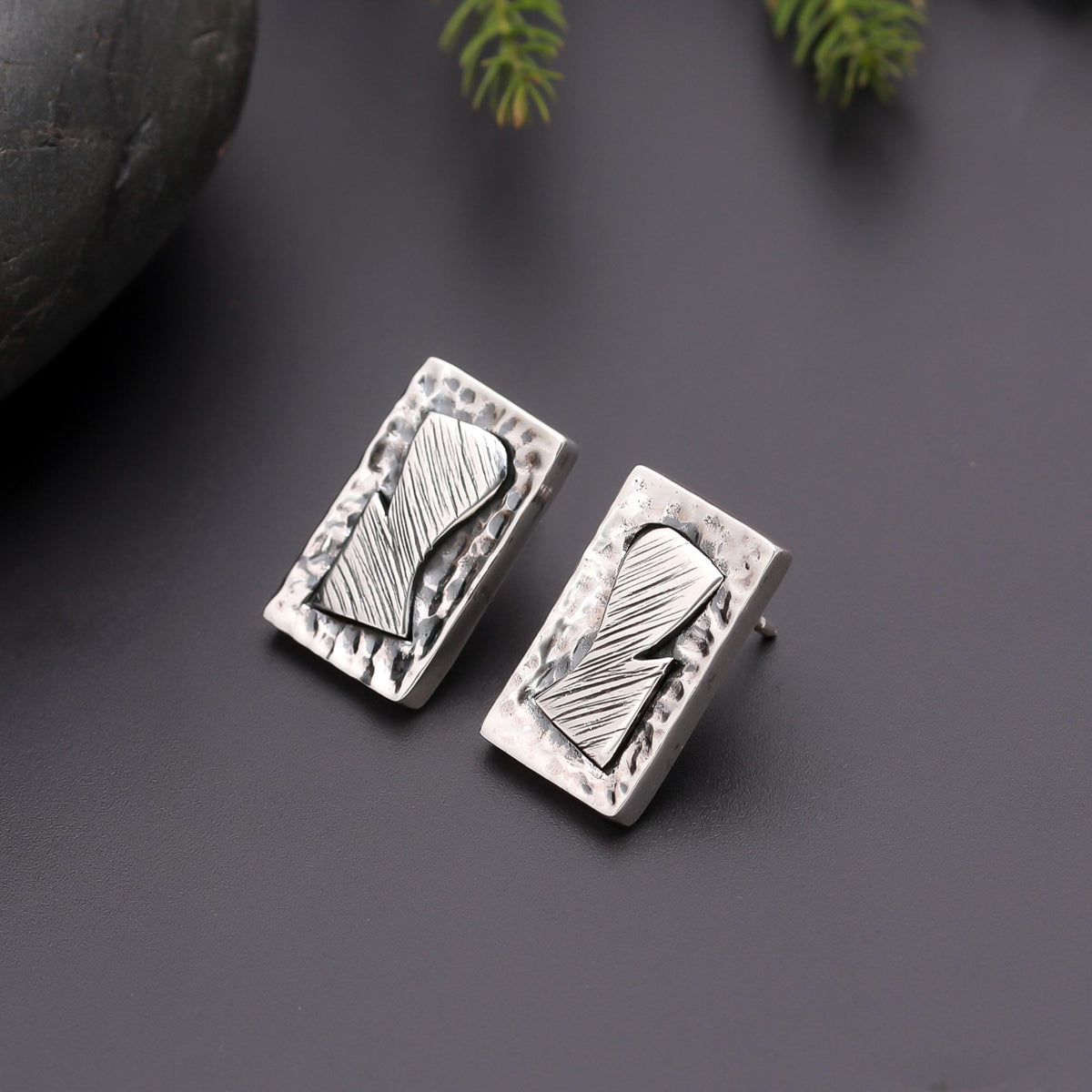 925 Silver Textured Rectangle Stud Earrings
