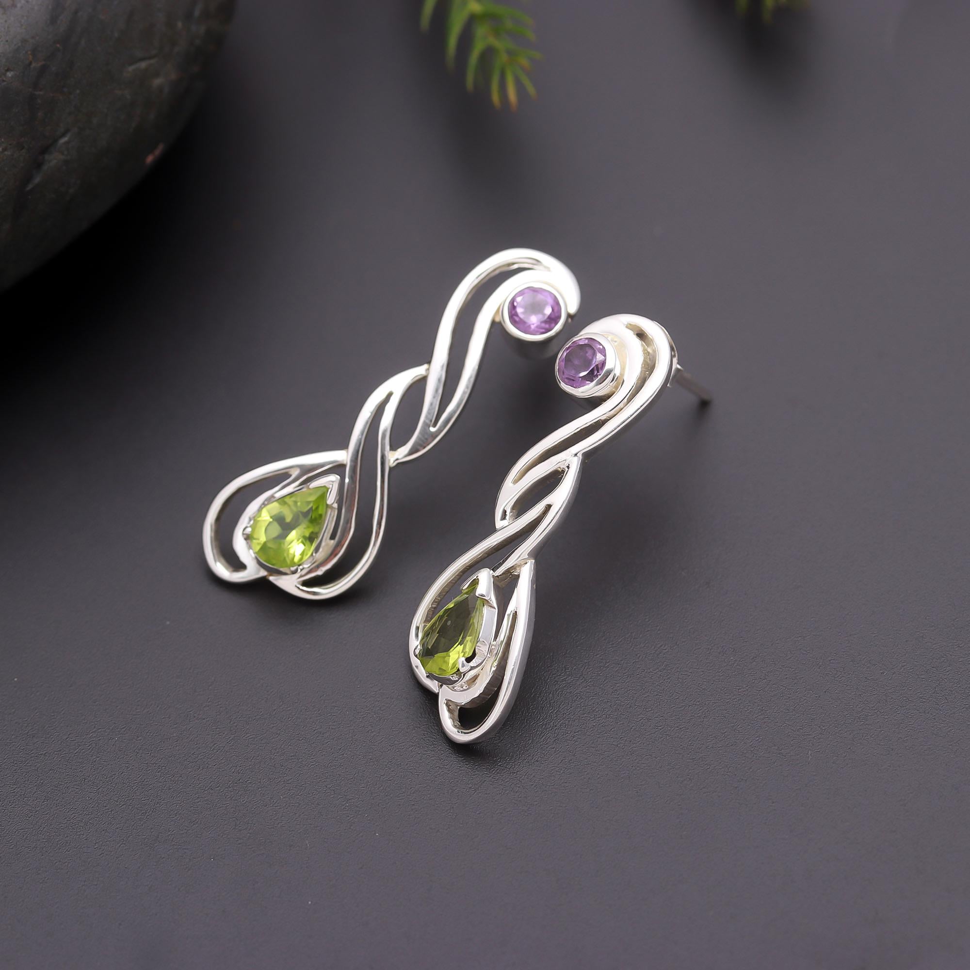 925 Silver Peridot and Amethyst Twist Drop Earrings