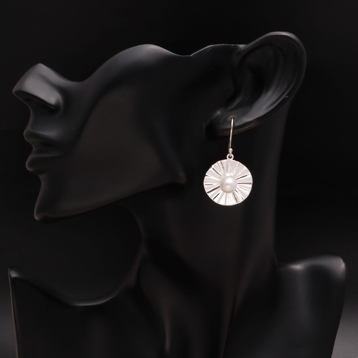 925 Silver Textured Round Pearl Dangle Earrings