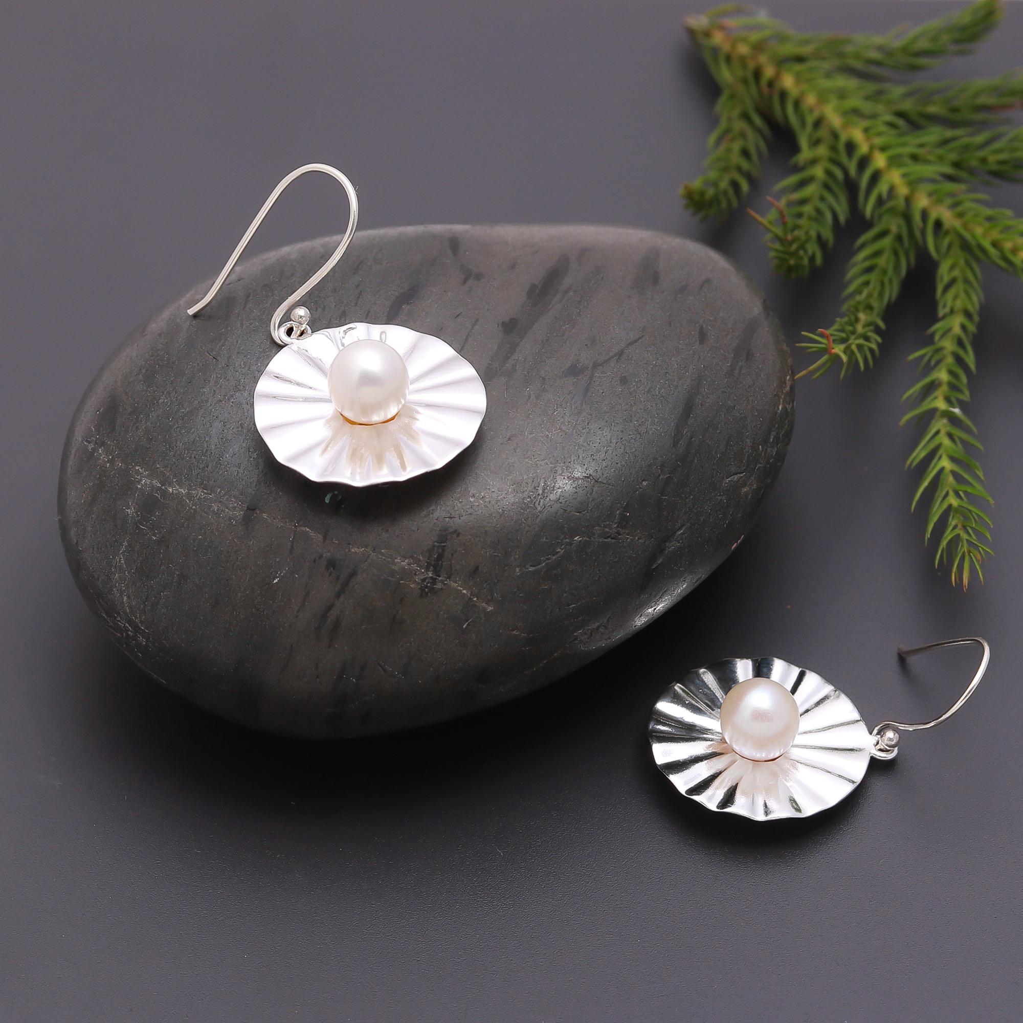 925 Silver Textured Round Pearl Dangle Earrings