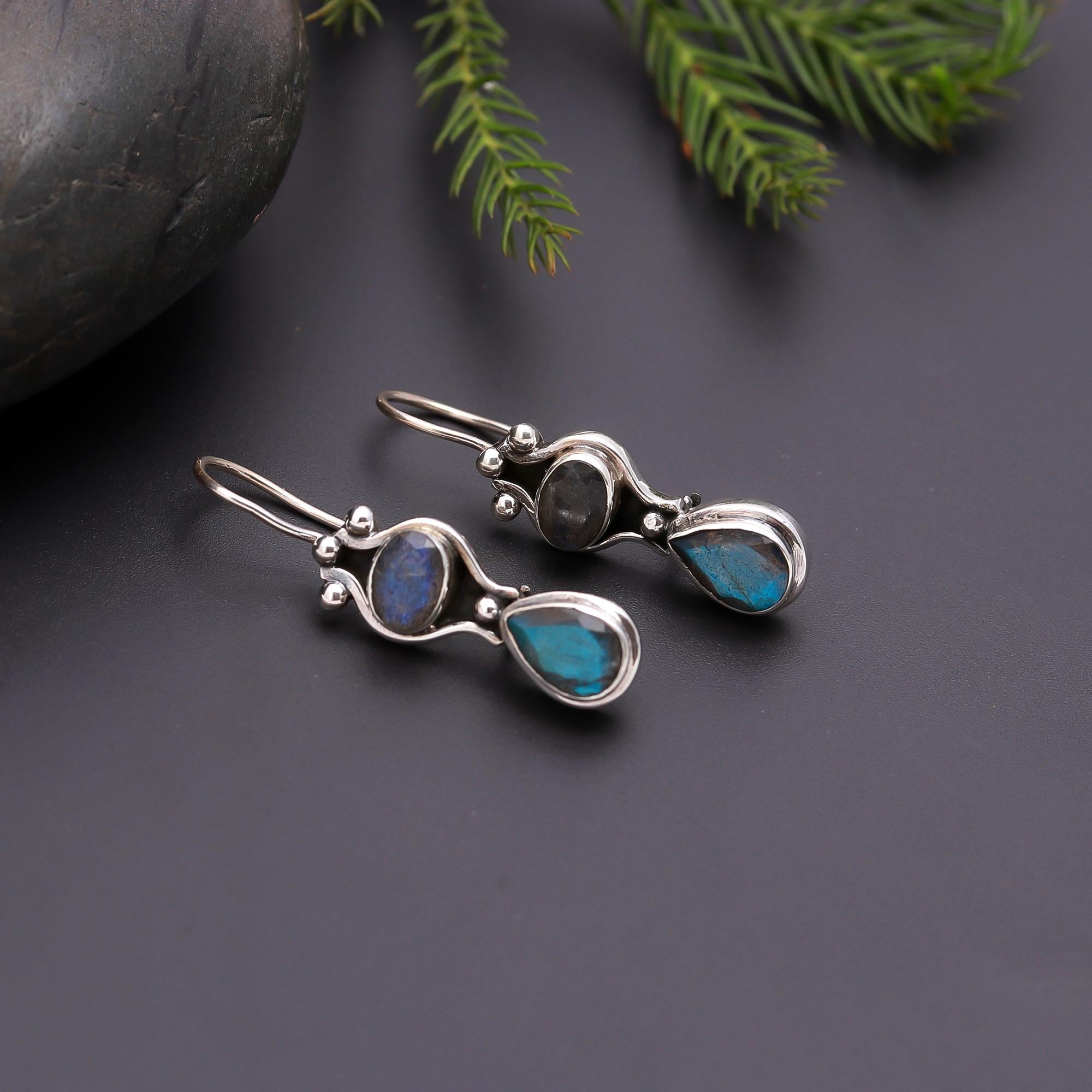 The Mystic Duo: Labradorite Silver Double Drop Earrings