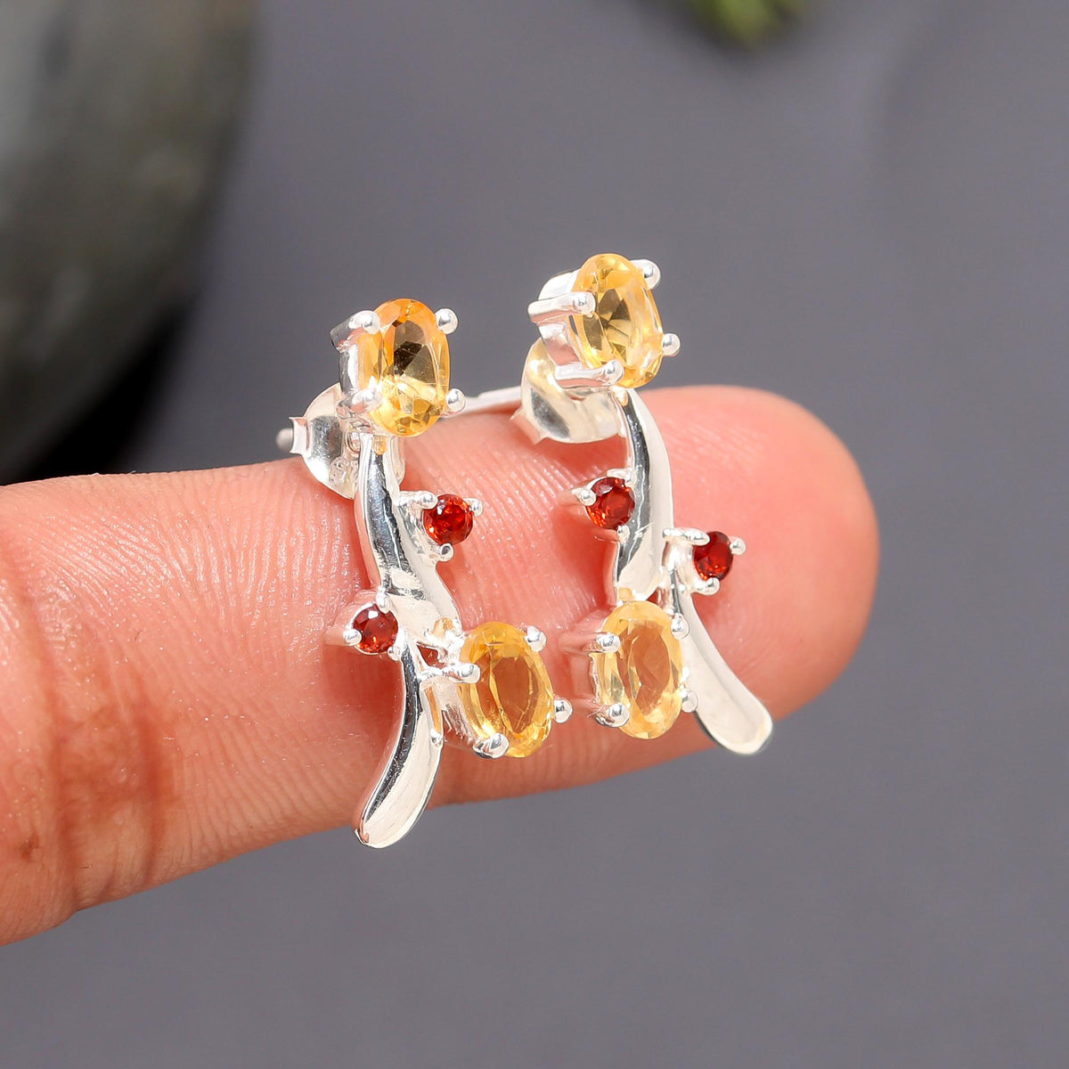 925 Silver Citrine and Garnet Cluster Stud Earrings
