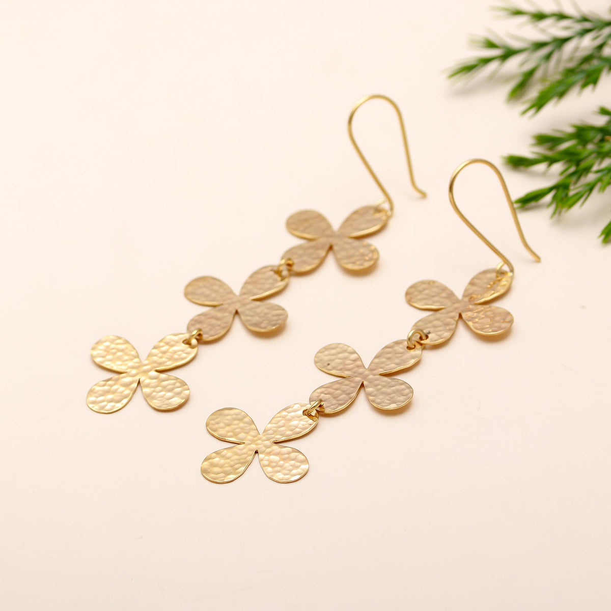 The Golden Petal Cascade: Hammered Flower Drop Earrings