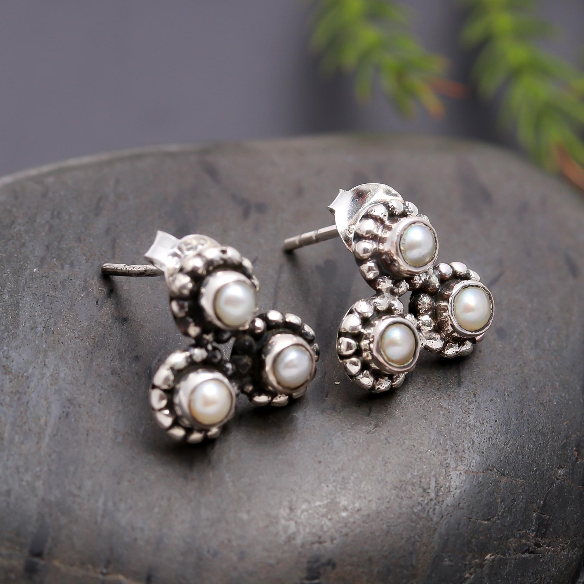 925 Silver Pearl Cluster Stud Earrings