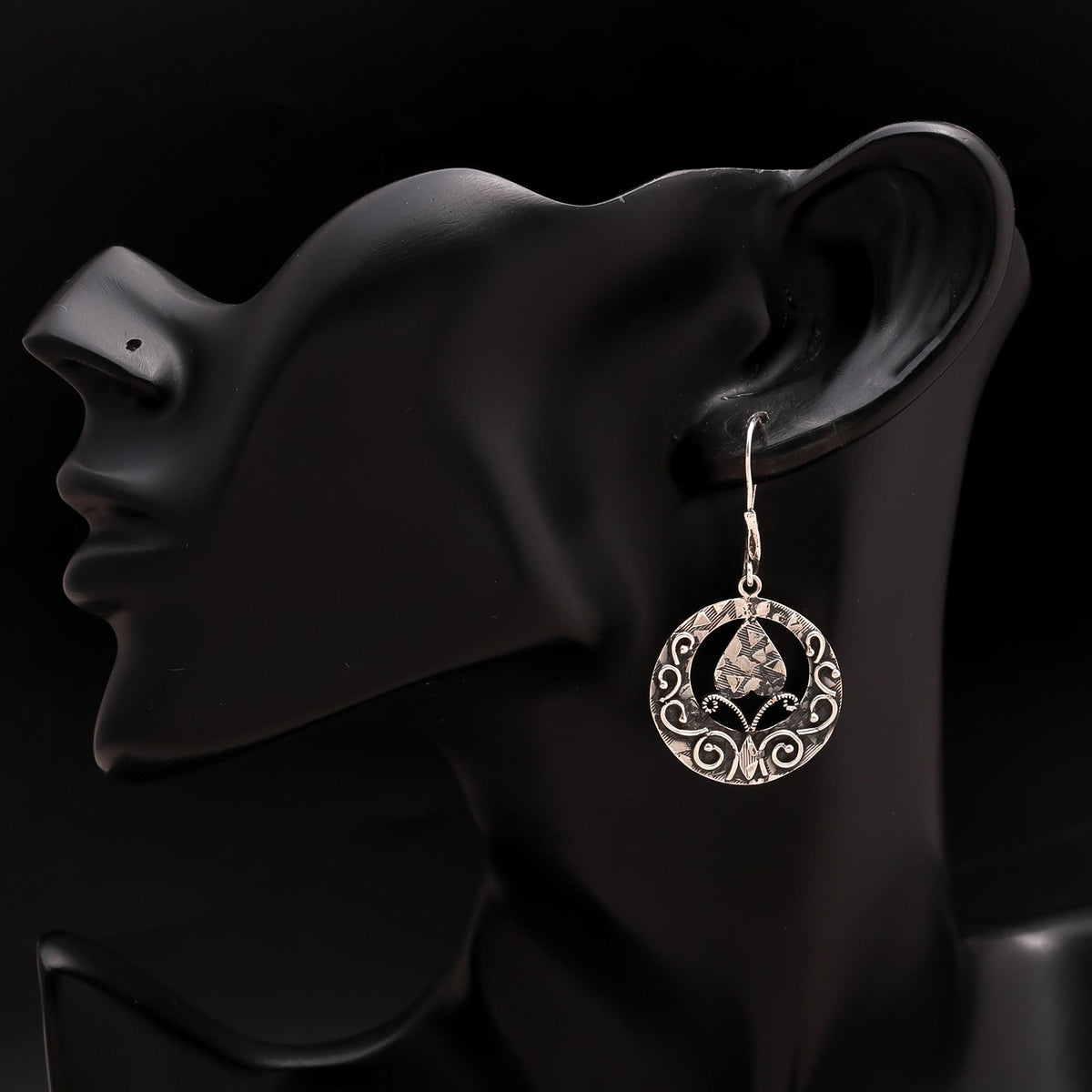 925 Silver Round Floral Pattern Dangle Earrings