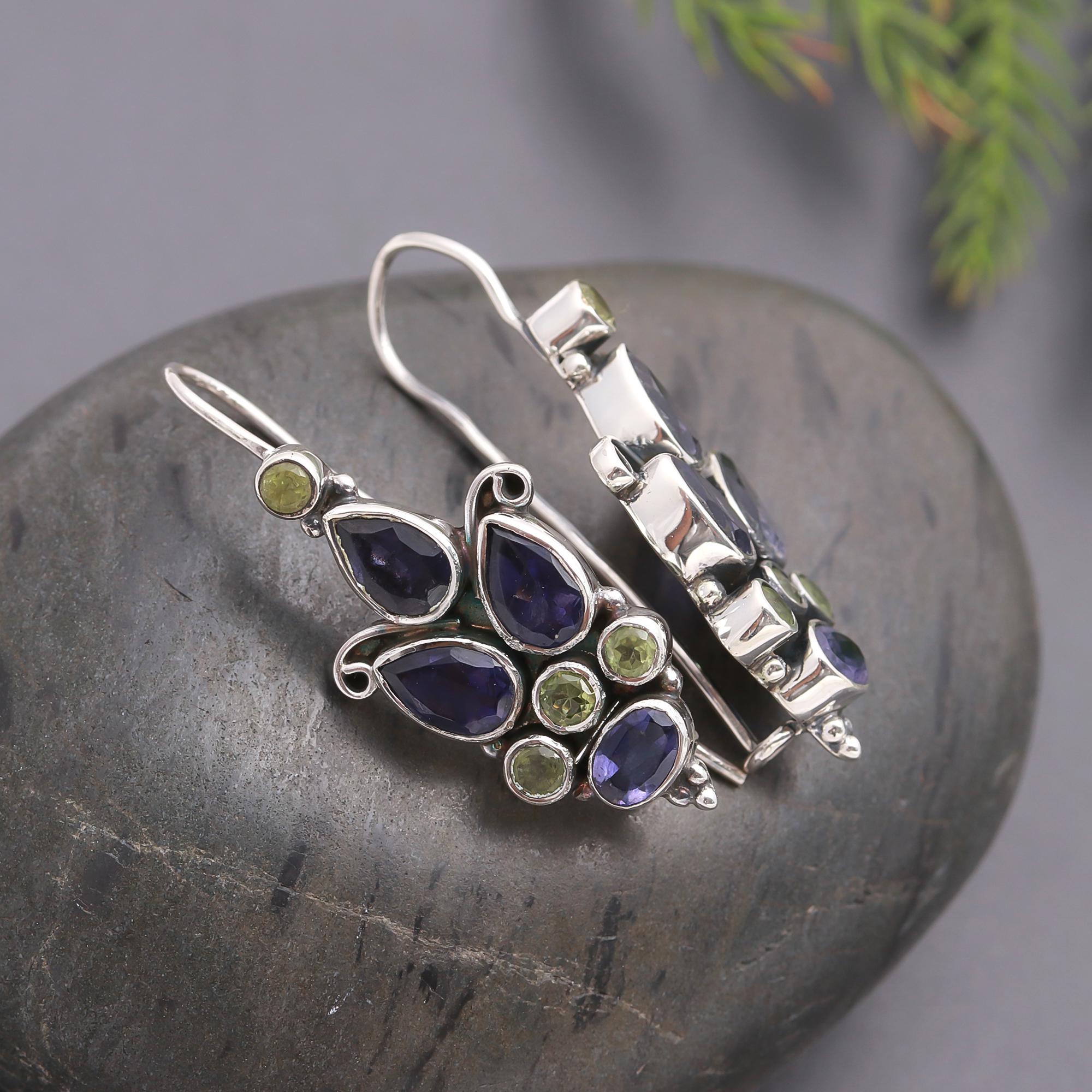 925 Silver Iolite and Peridot Dangle Earrings
