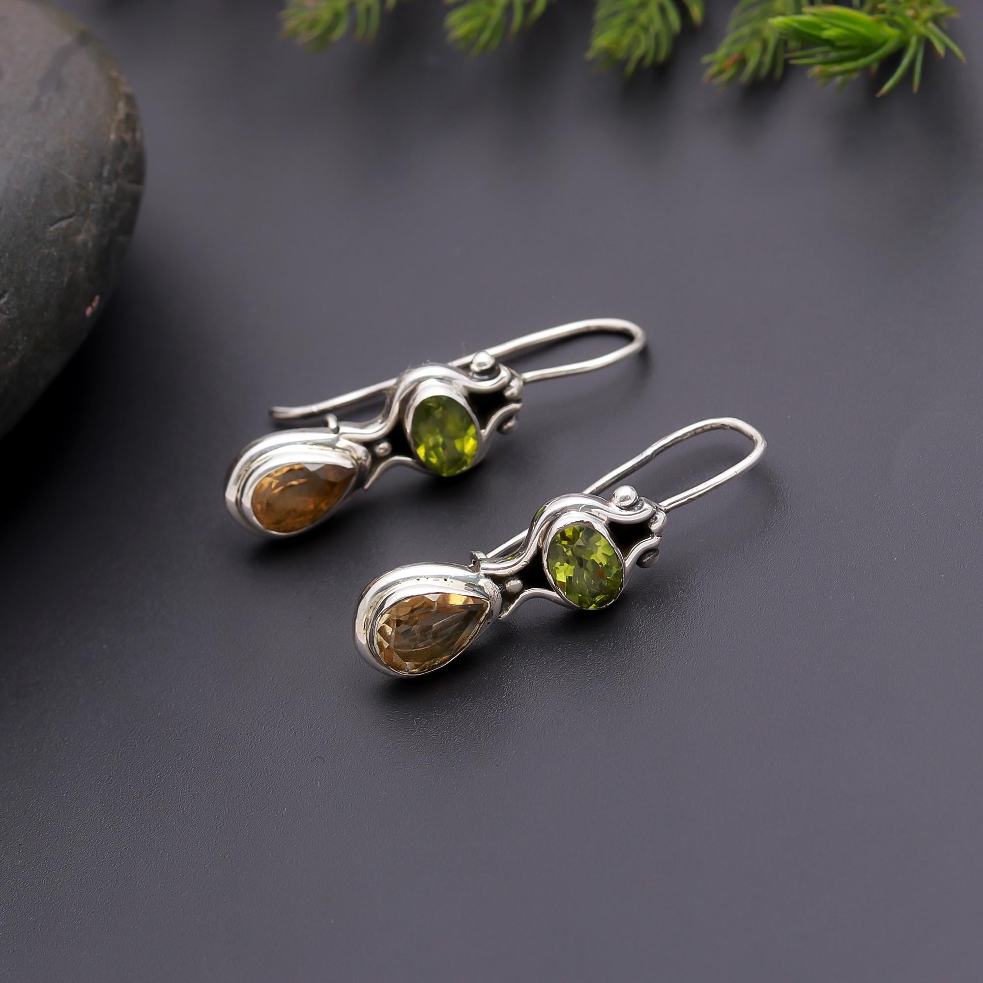 925 Silver Peridot and Smoky Quartz Dangle Earrings