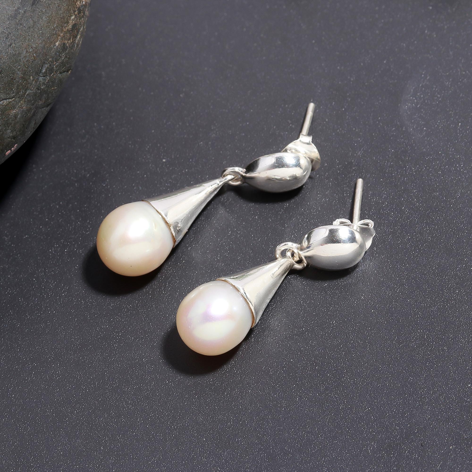 The Lunar Teardrop: Freshwater Pearl & Silver Cap Earrings