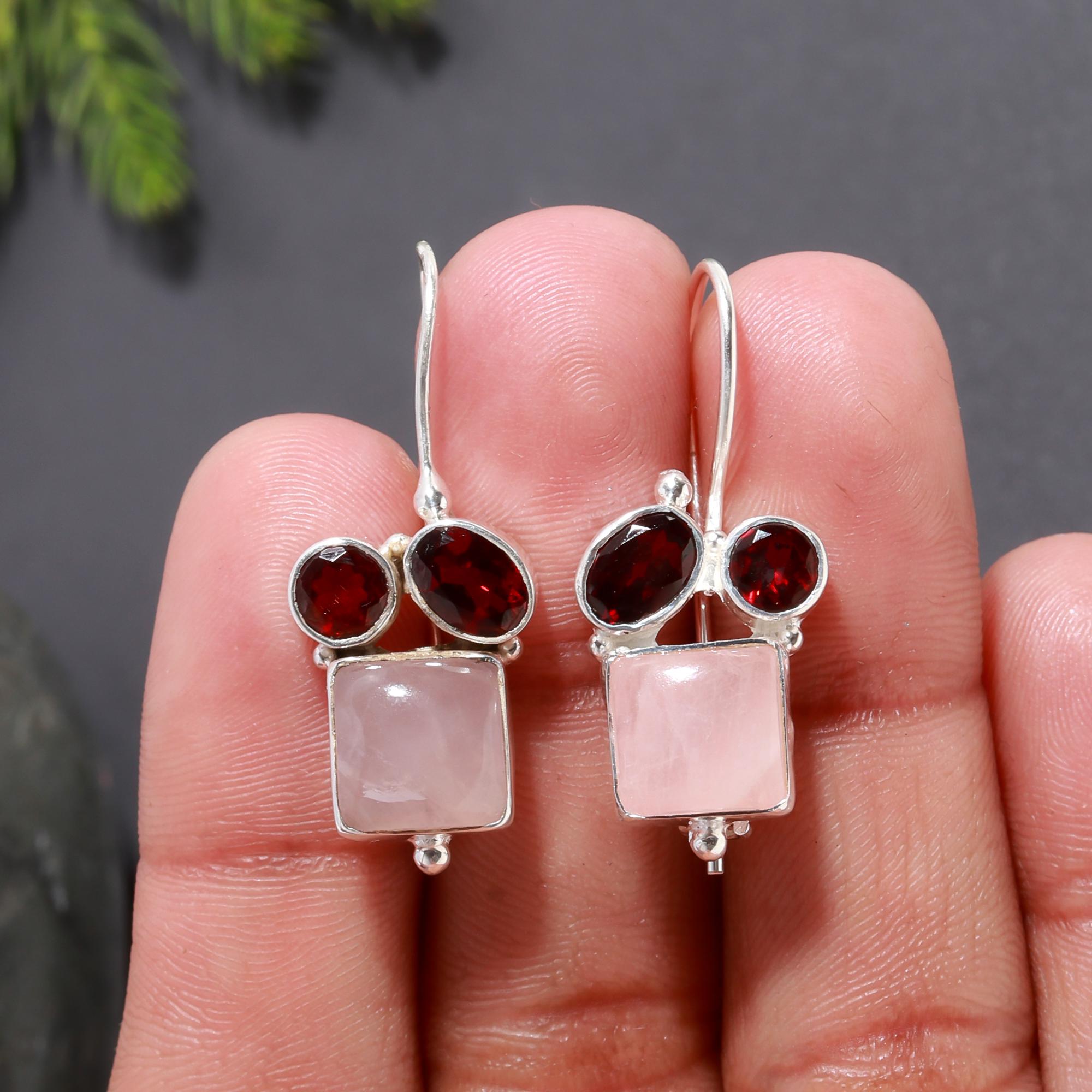 925 Silver Rose Quartz and Garnet Dangle Earrings