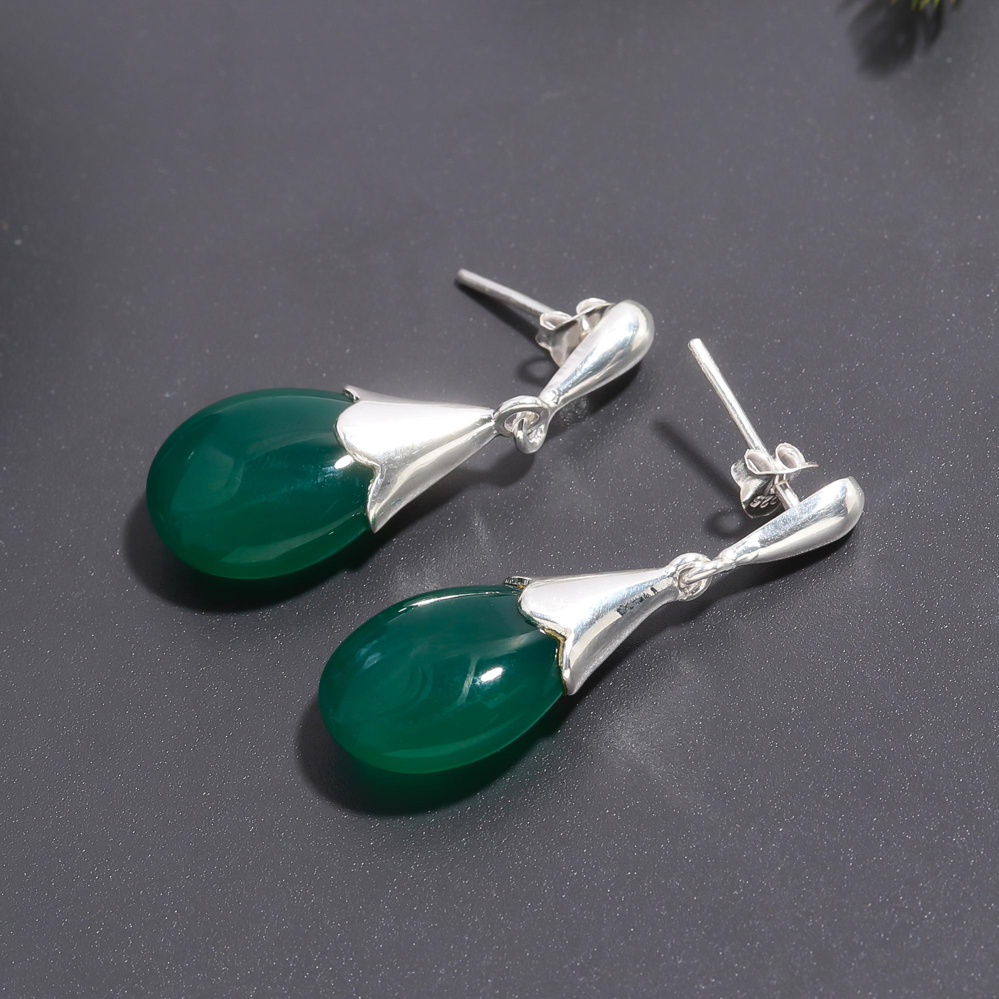 925 Silver Green Onyx Drop Earrings