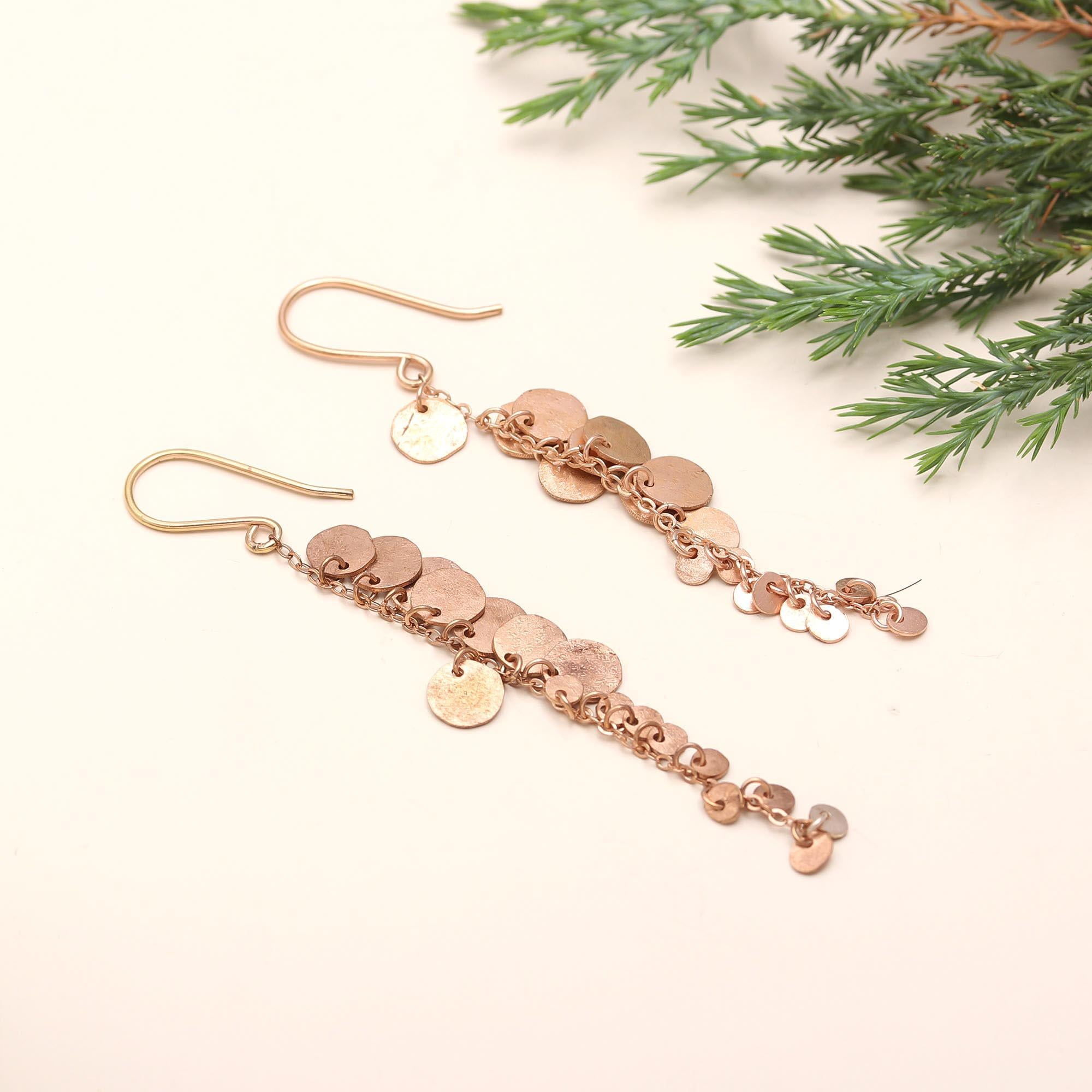 The Rose Cascade: Hammered Disc Fringe Drop Earrings