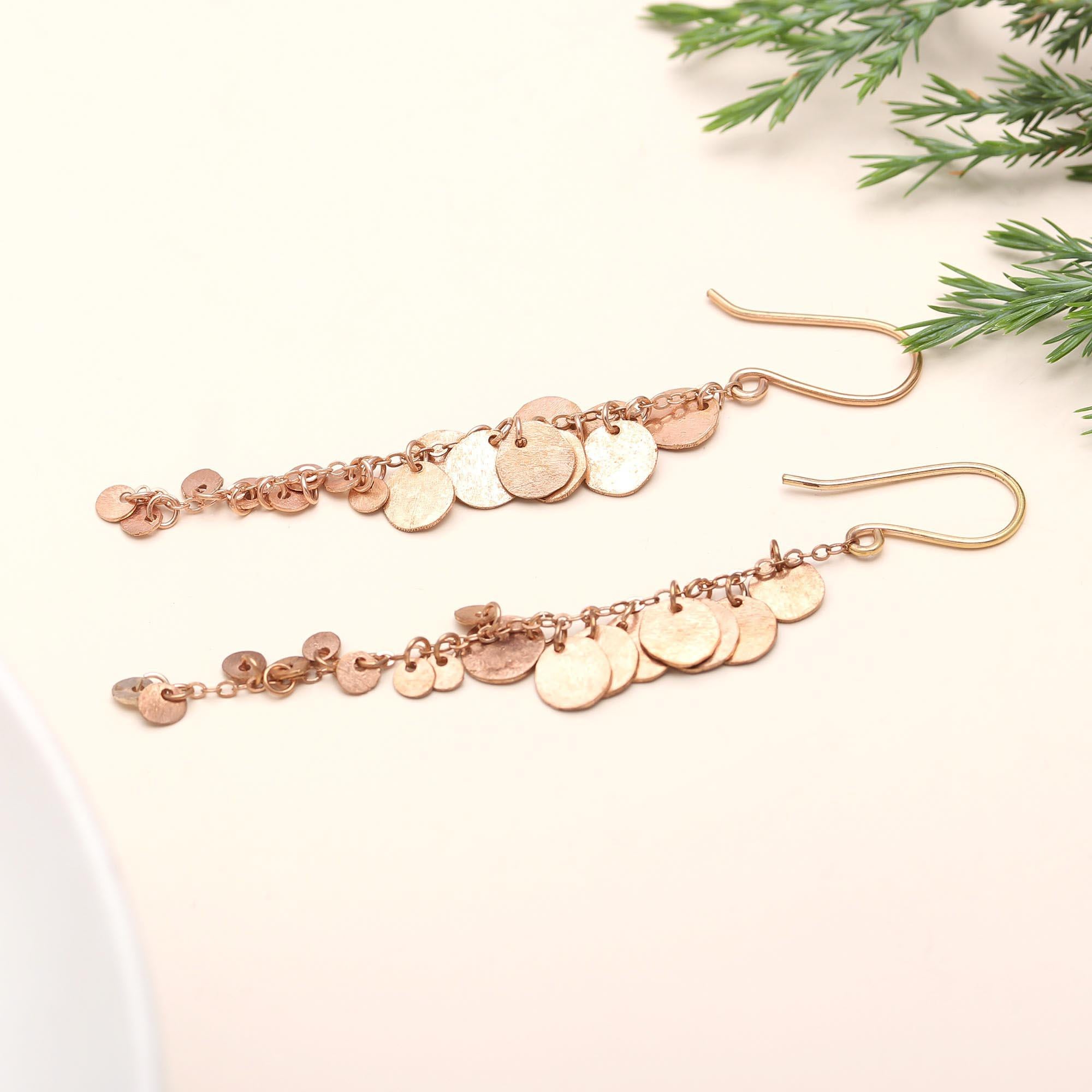 The Rose Cascade: Hammered Disc Fringe Drop Earrings