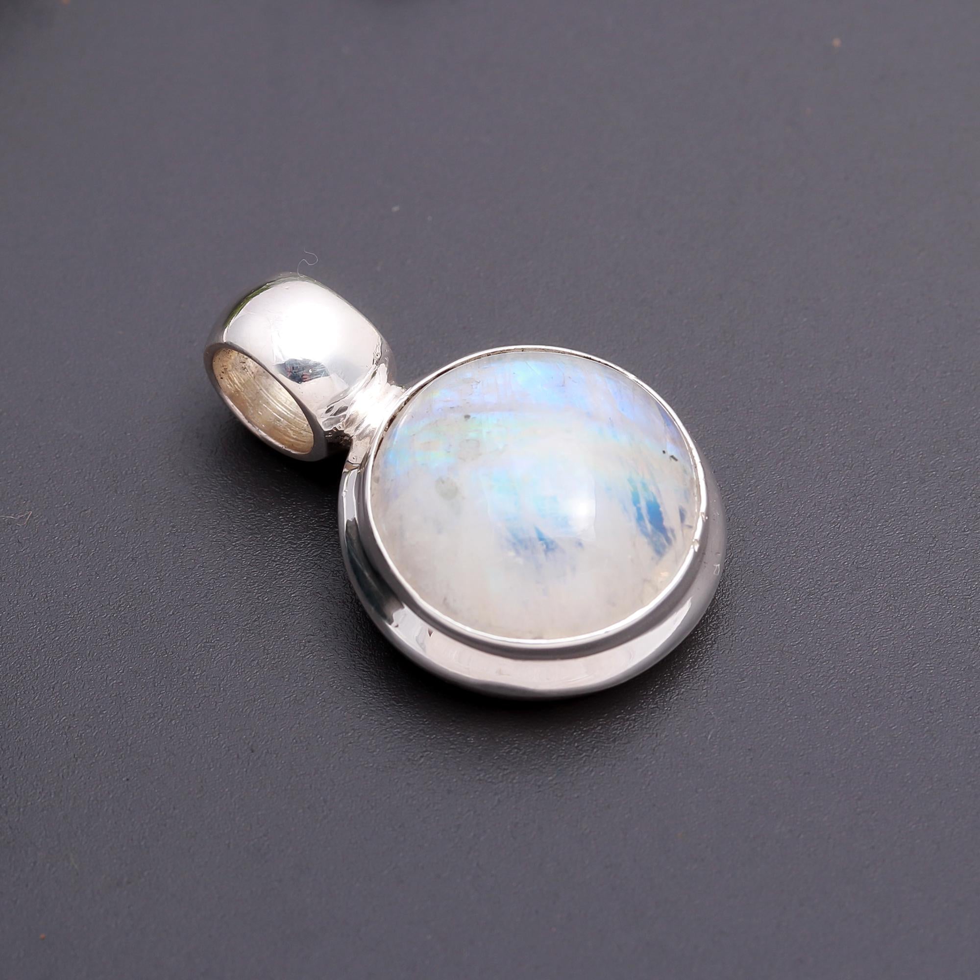 The Lunar Orb: Rainbow Moonstone Silver Solitaire Pendant