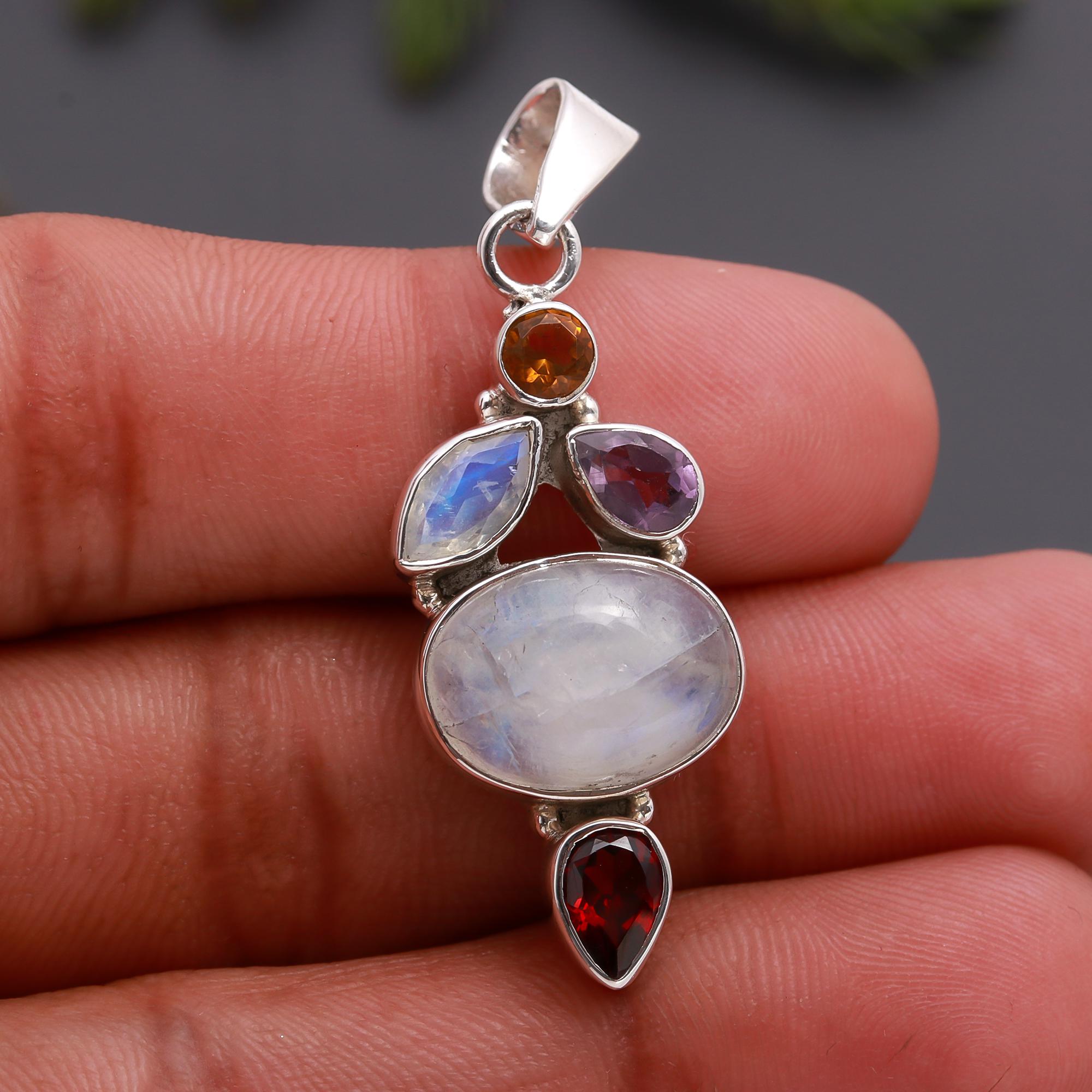 The Celestial Harmony: Moonstone & Multi-Gemstone Silver Pendant