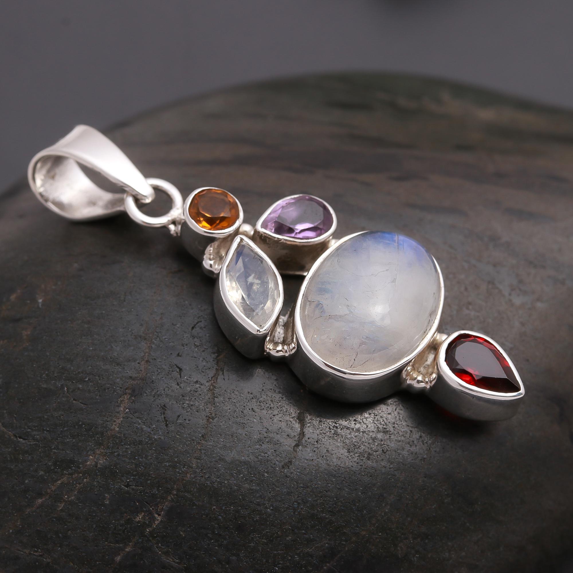 The Celestial Harmony: Moonstone & Multi-Gemstone Silver Pendant