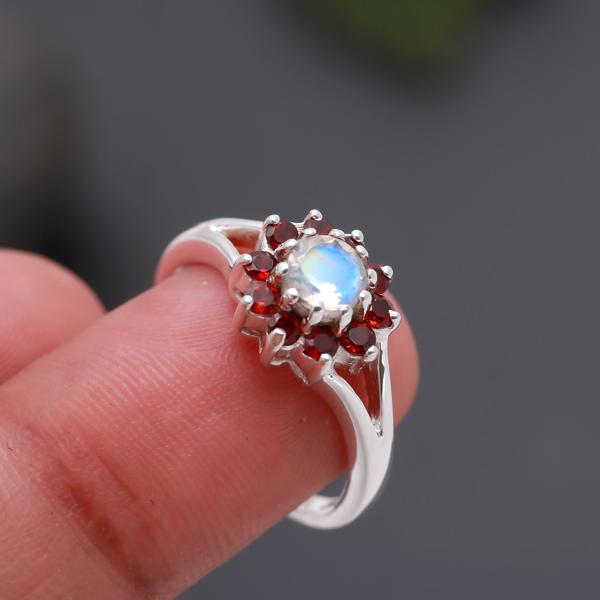 The Celestial Bloom: Moonstone & Garnet Floral Ring