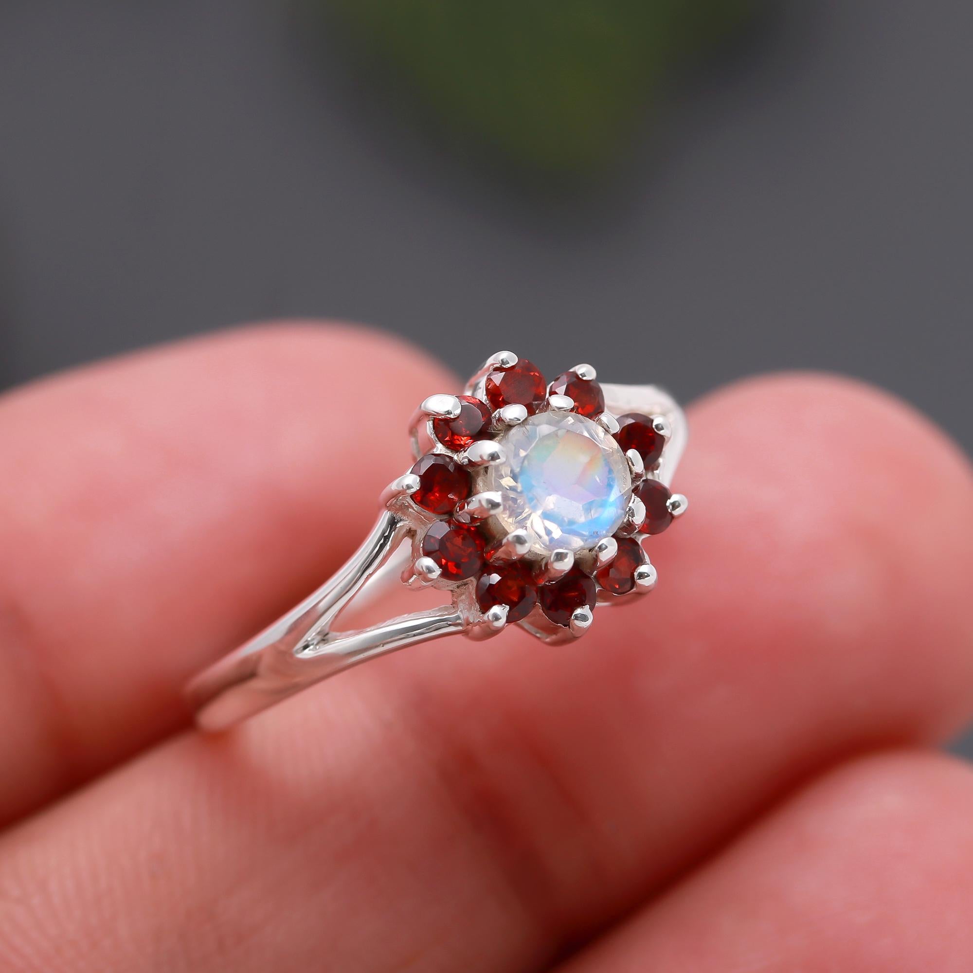 The Celestial Bloom: Moonstone & Garnet Floral Ring