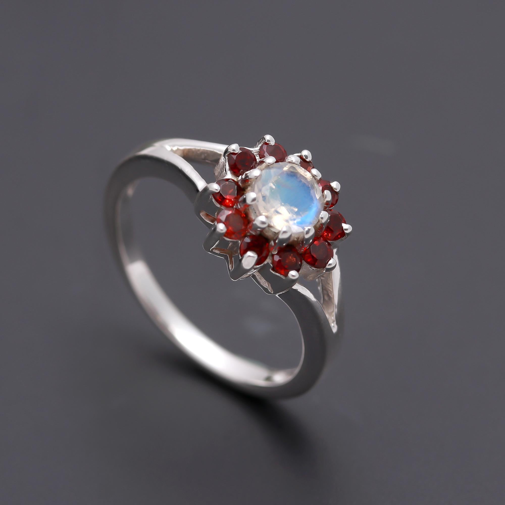 The Celestial Bloom: Moonstone & Garnet Floral Ring