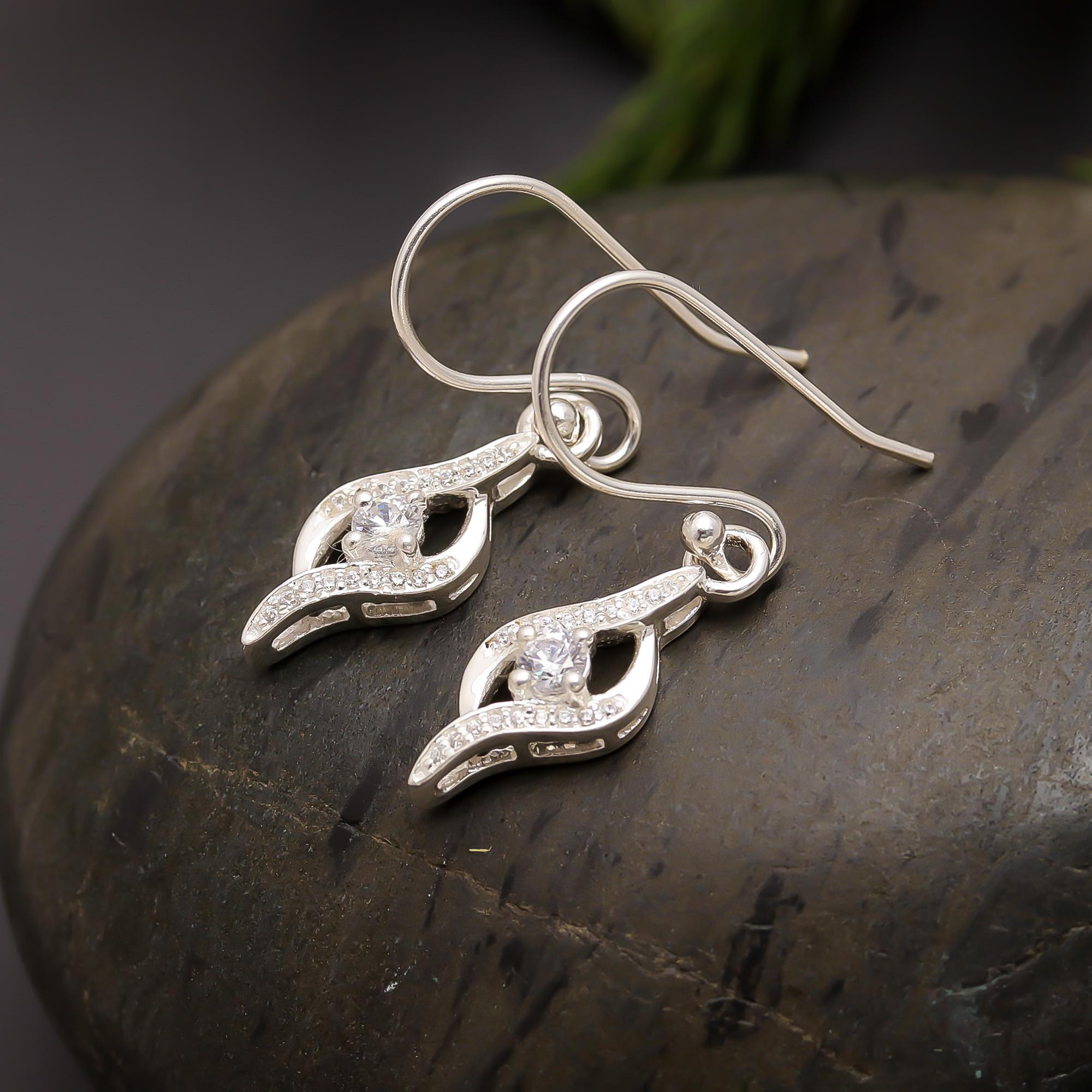 925 Silver CZ Flame-Inspired Dangle Earrings