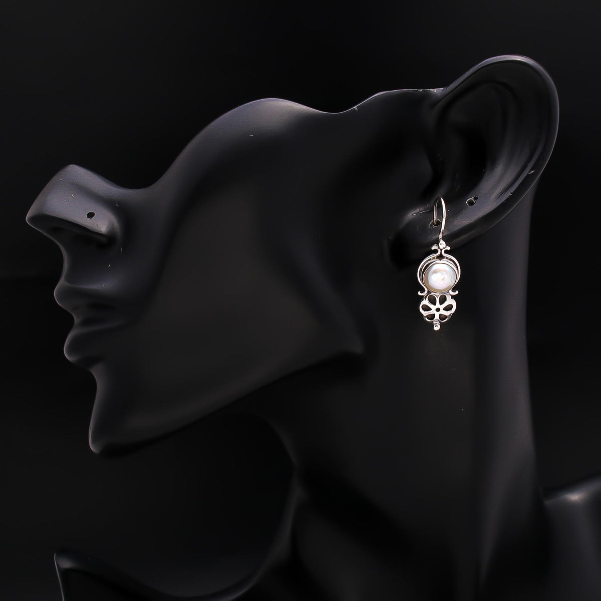 925 Silver Floral Pearl Dangle Earrings