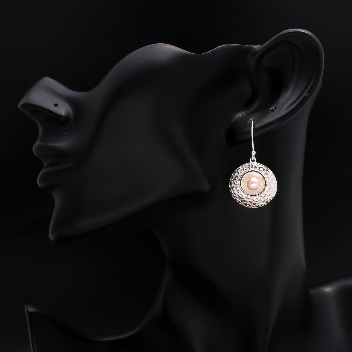 925 Silver Textured Disc Pearl Dangle Earrings