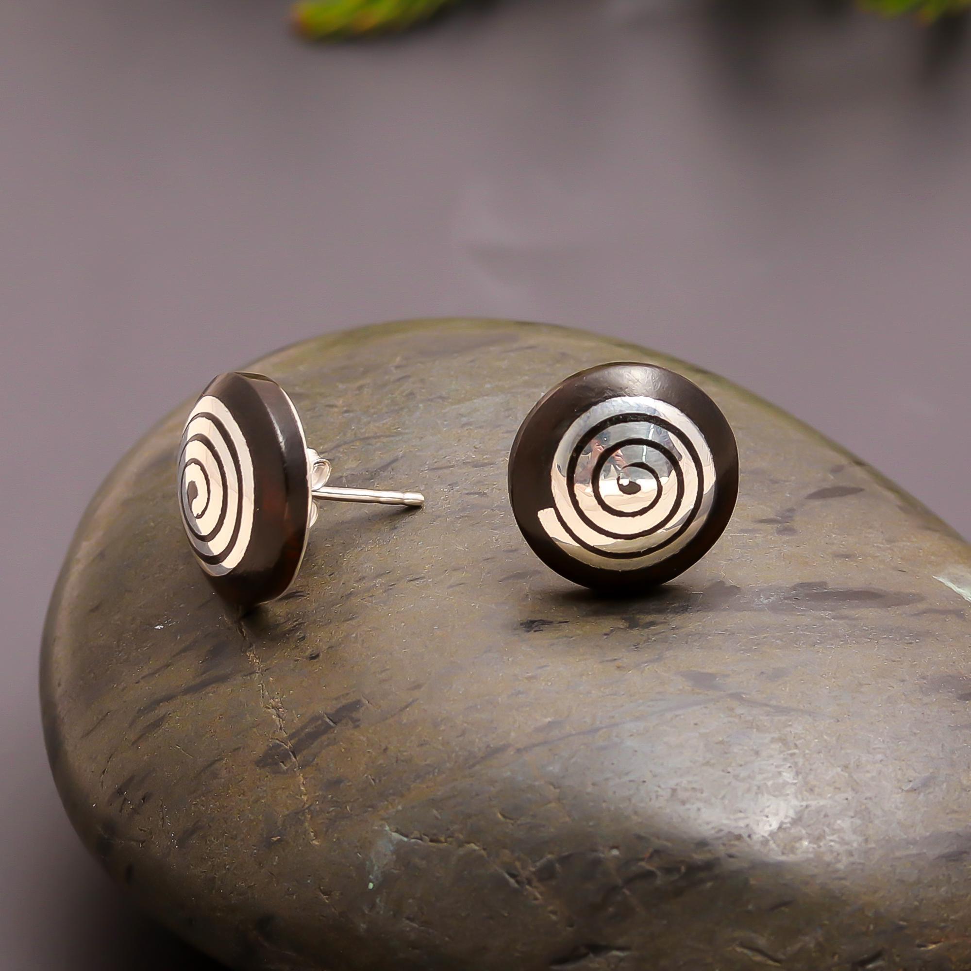 The Ancient Spiral: Wood & Silver Inlay Stud Earrings