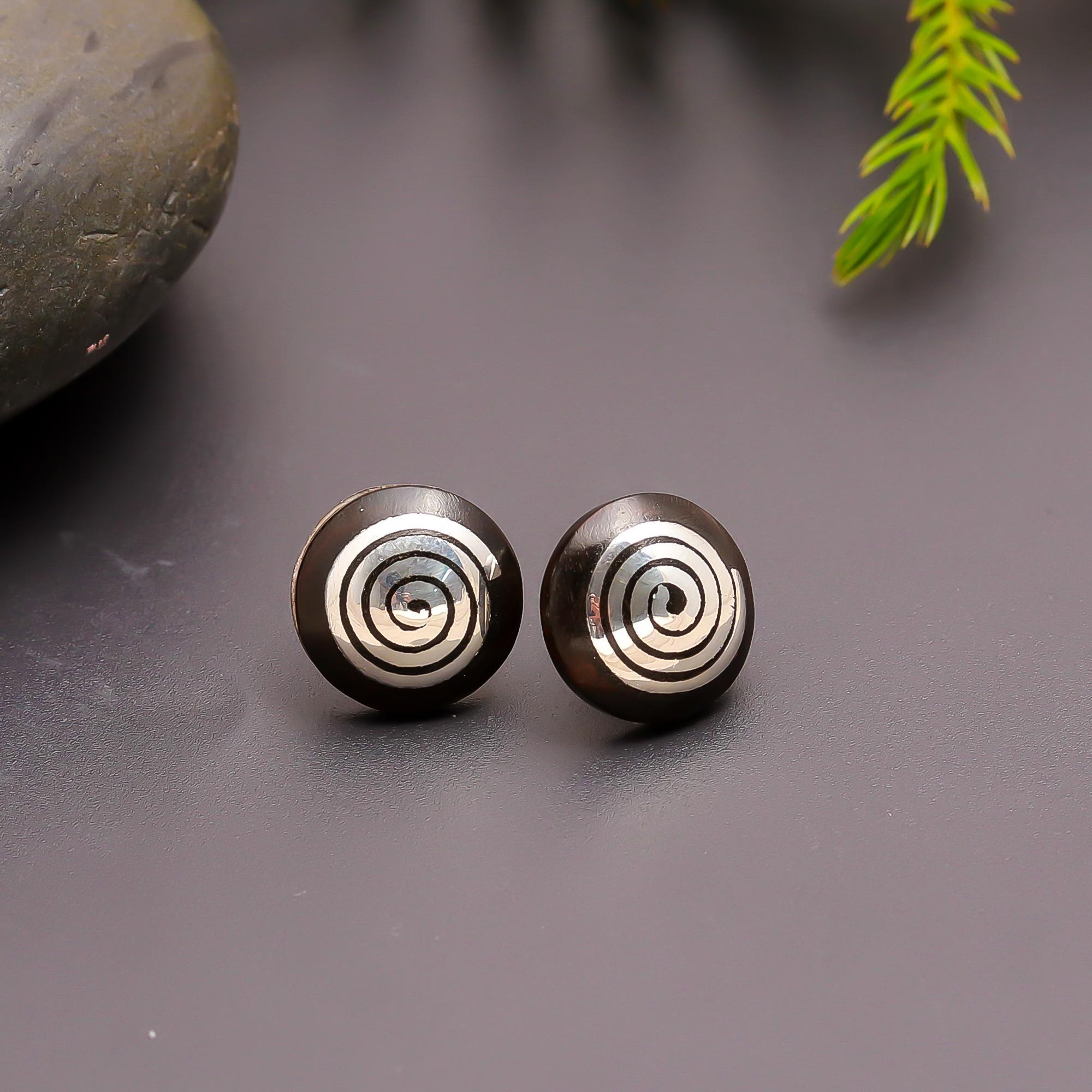 The Ancient Spiral: Wood & Silver Inlay Stud Earrings