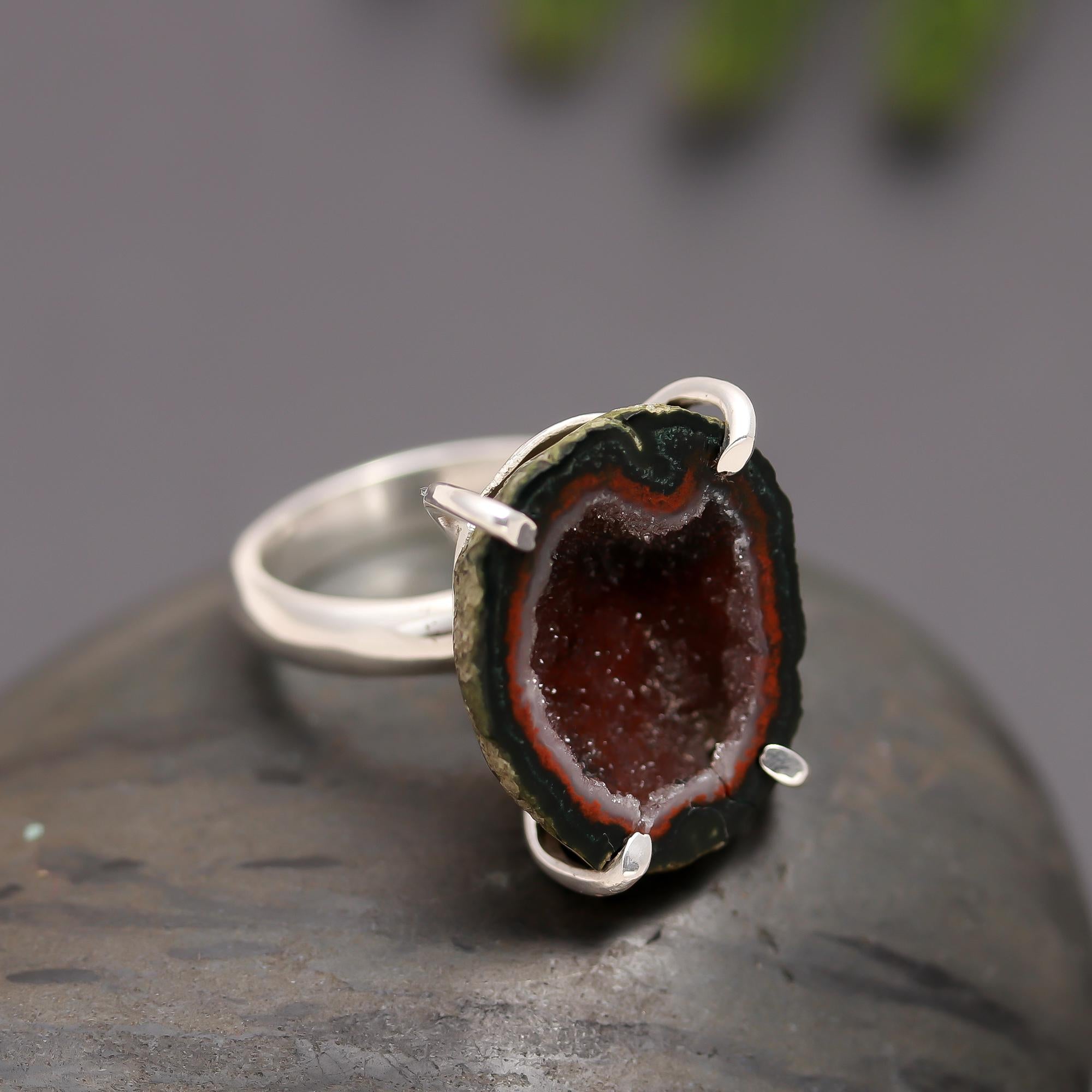 925 Silver Raw Slice Druzy Geode Ring