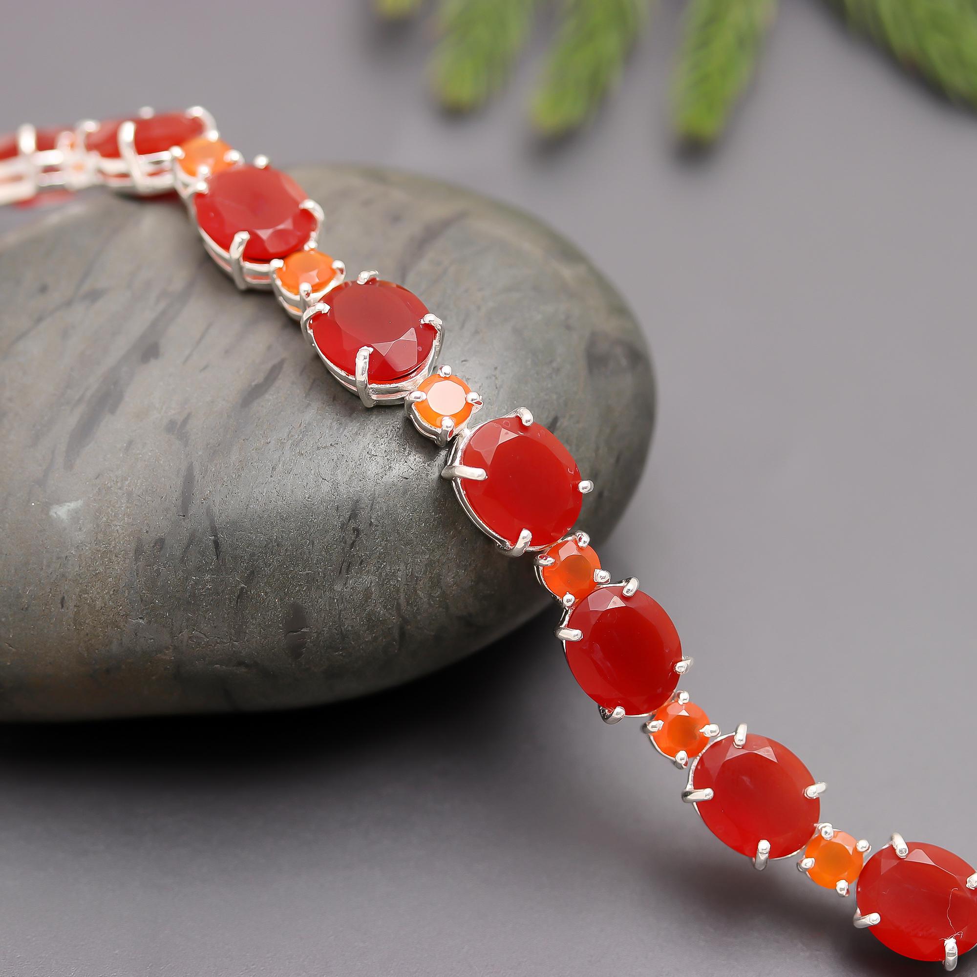925 Silver Fiery Carnelian Link Bracelet