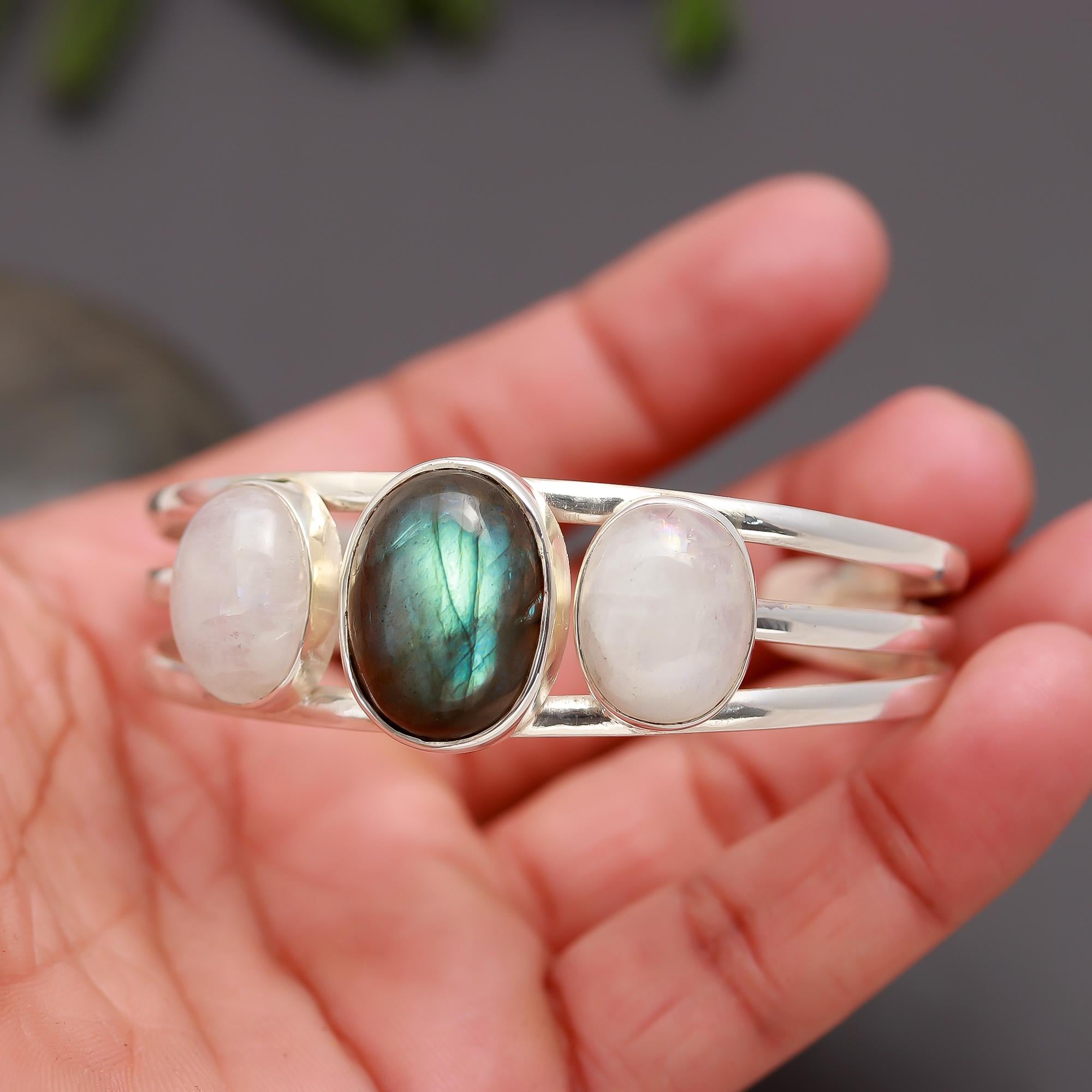 925 Silver Labradorite & Moonstone Cuff Bracelet
