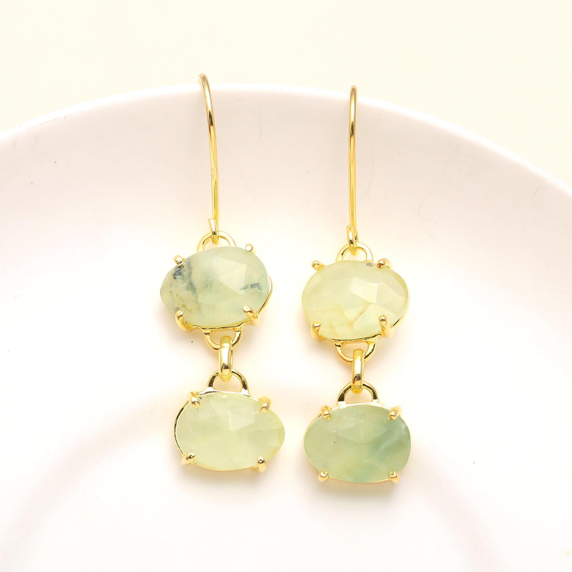 The Mint Cascade: Green Prehnite Triple Drop Earrings