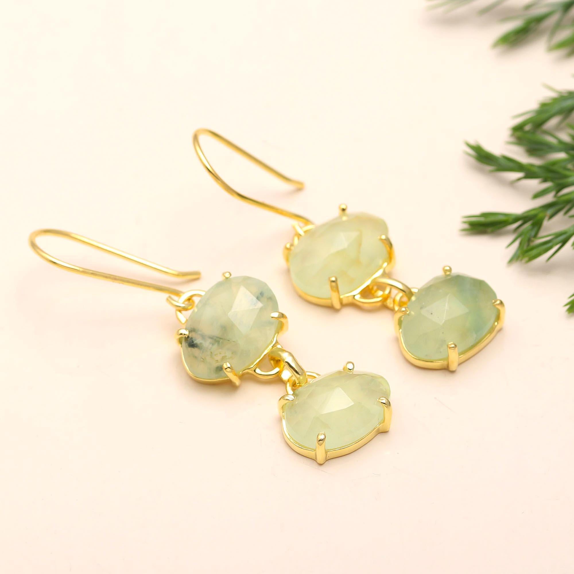 The Mint Cascade: Green Prehnite Triple Drop Earrings