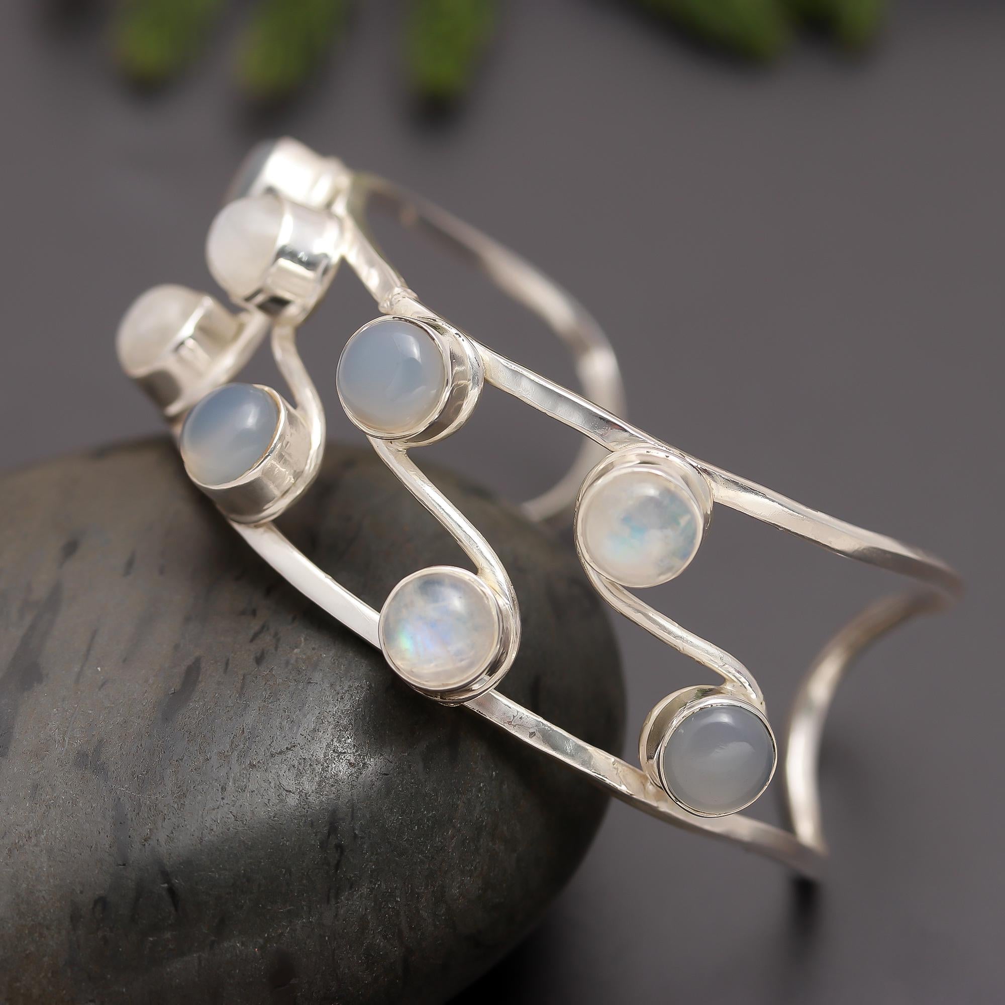 925 Silver Moonstone & Grey Chalcedony Cuff Bracelets