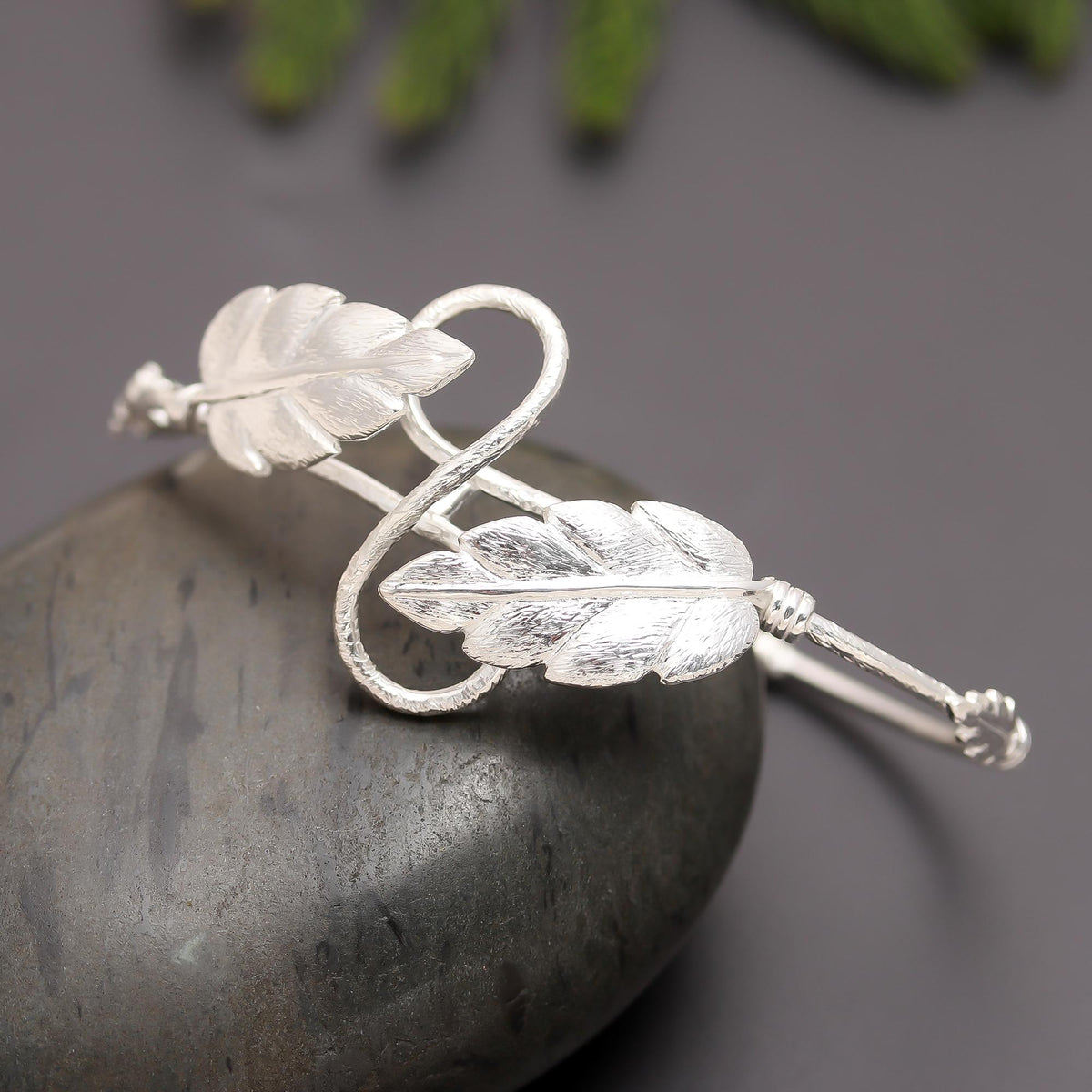 925 Silver Feather Leaf Adjustable Cuff Bracelet