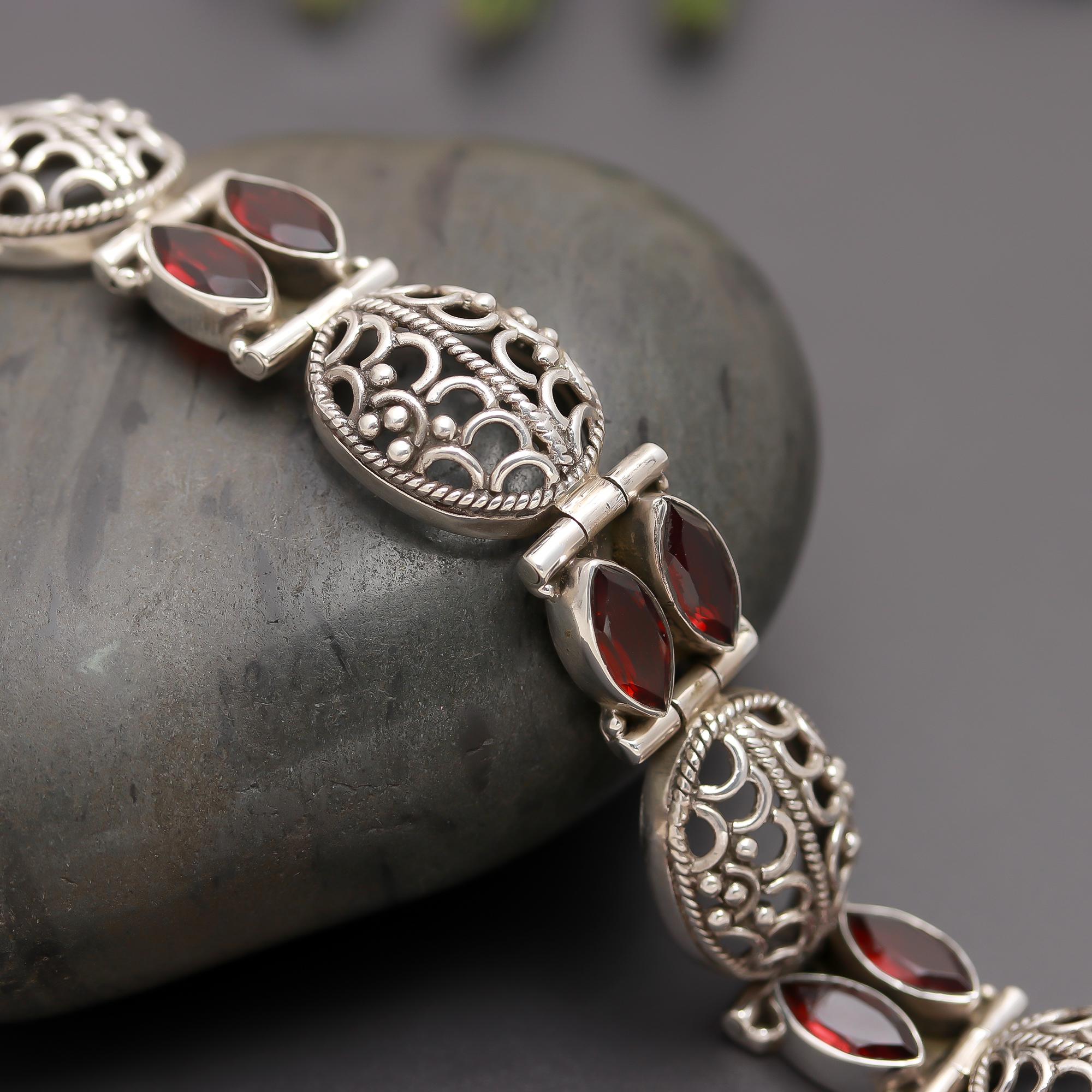 925 Silver Filigree Marquise Garnet Bracelet