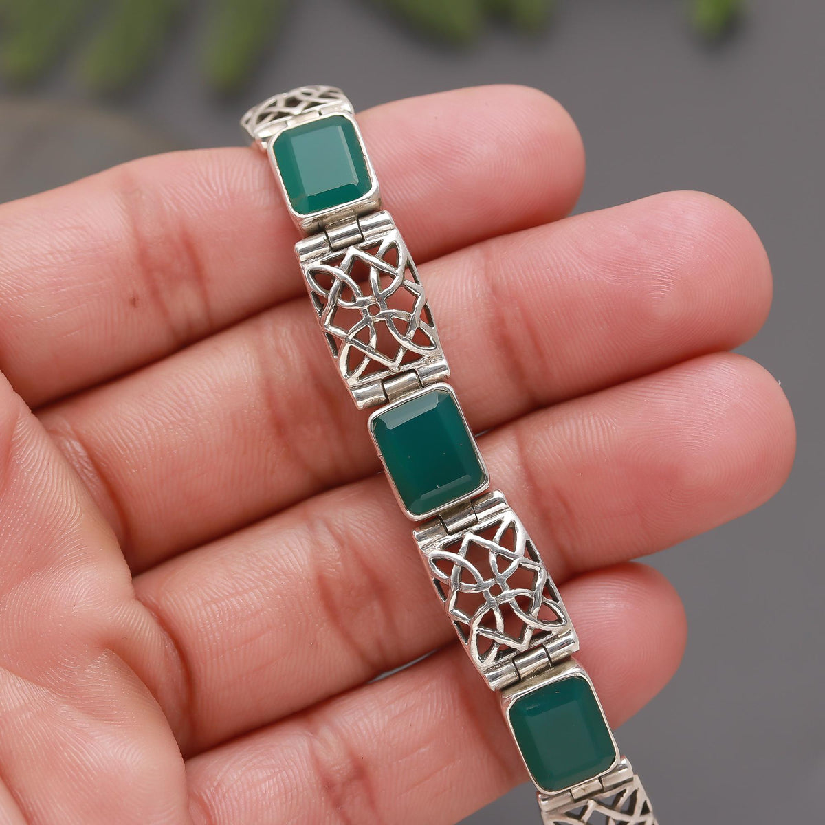 925 Silver Green Onyx Link Bracelet