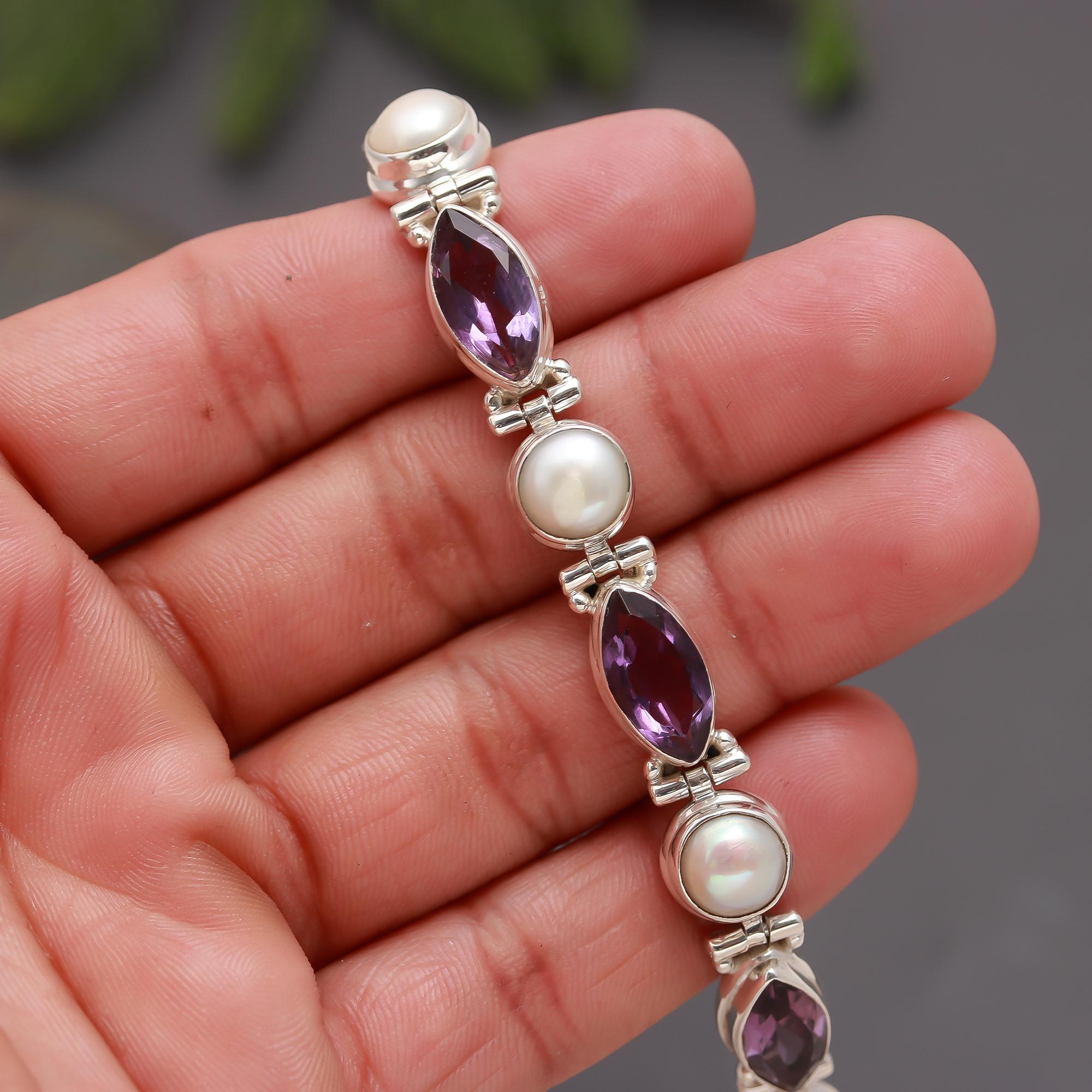 925 Silver Pearl & Amethyst Link Bracelet