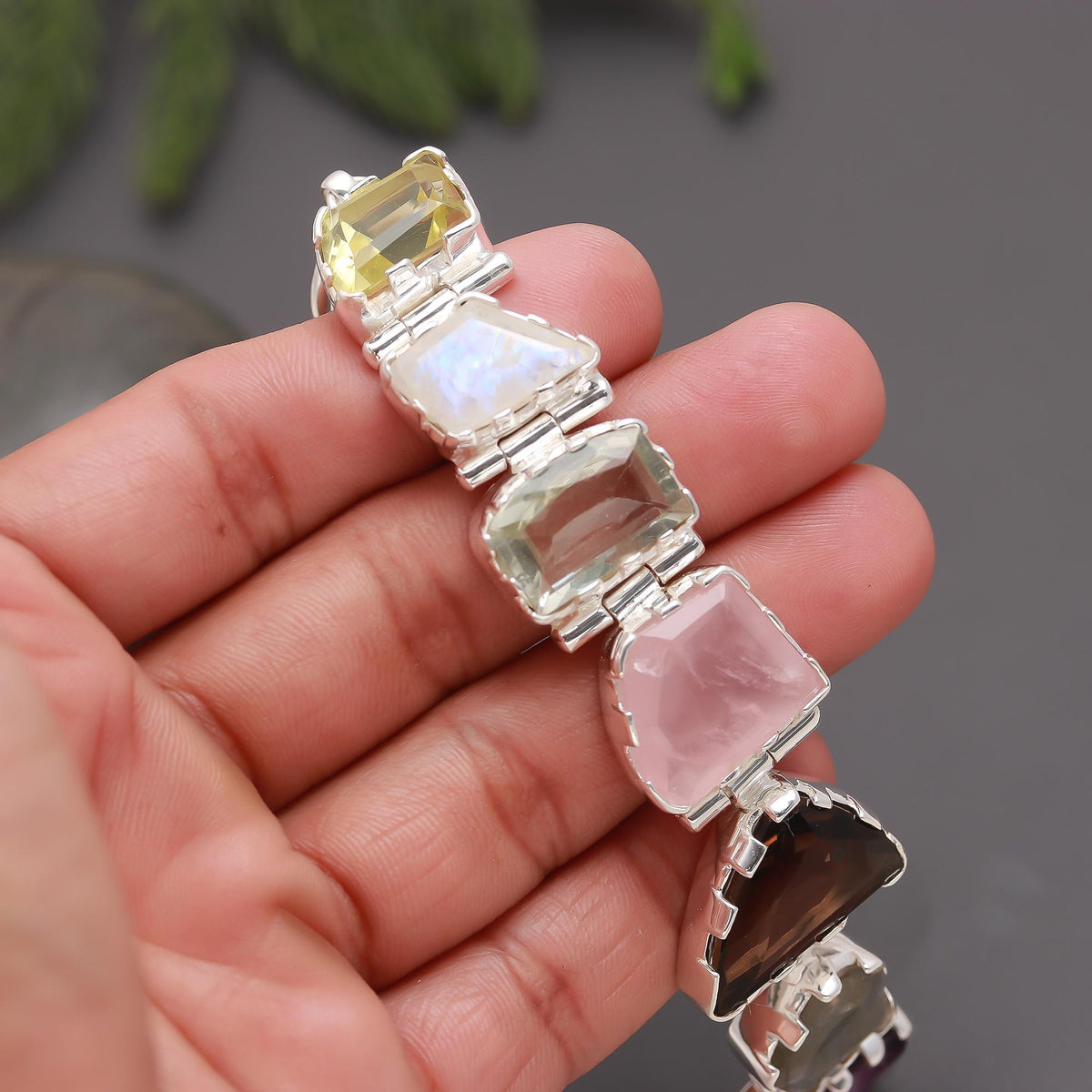 925 Silver Mixed Gemstone Statement Bracelet
