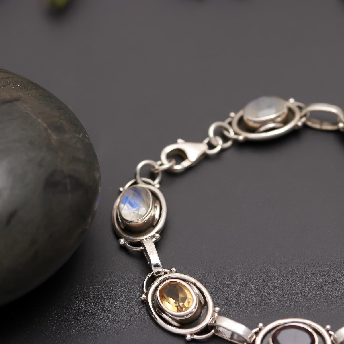 925 Silver Multi-Gemstone Oval Link Bracelet