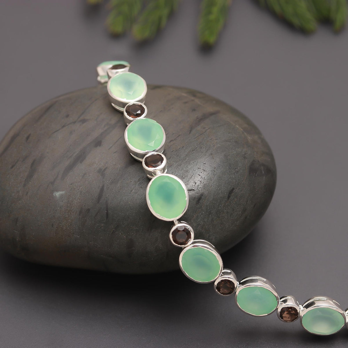 925 Silver Green Chalcedony & Smoky Quartz Link Bracelet