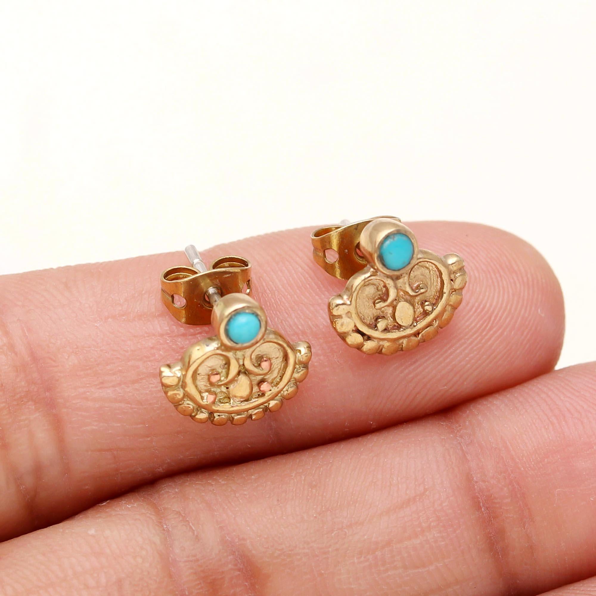 The Turquoise Scroll: Gold Filigree & Gemstone Studs