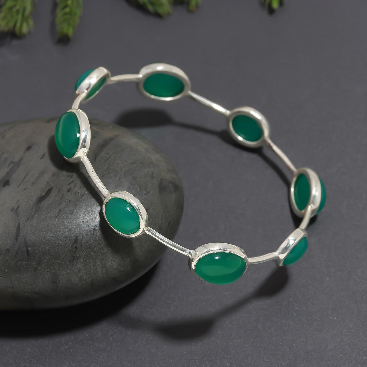 Sterling Silver Green Onyx Bangle Bracelet