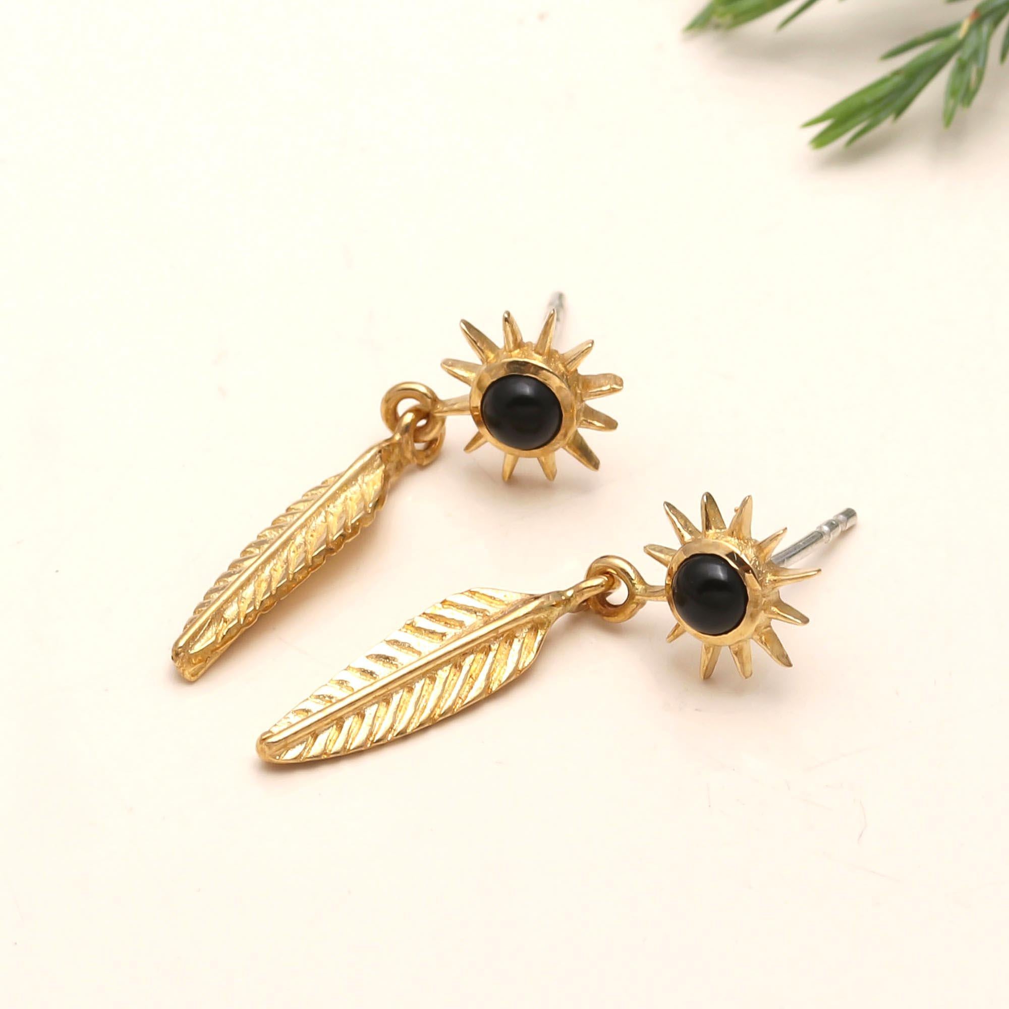 The Solar Flight: Gold Sunburst & Feather Drop Earrings
